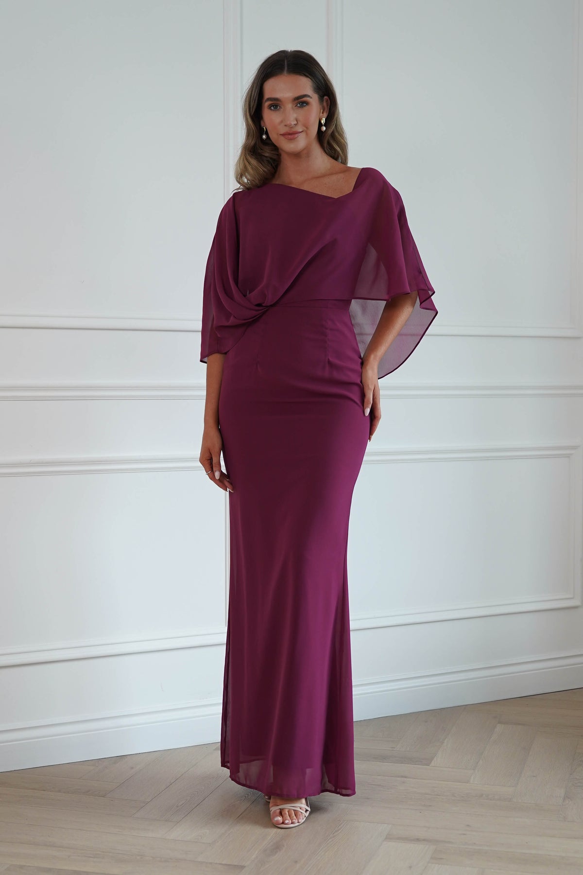 Oh Hello Clothing Women > Clothing > Dresses * DONE - MANIJU | MM24629 |Draped Cape Maxi Dress | darkrose (Copy)