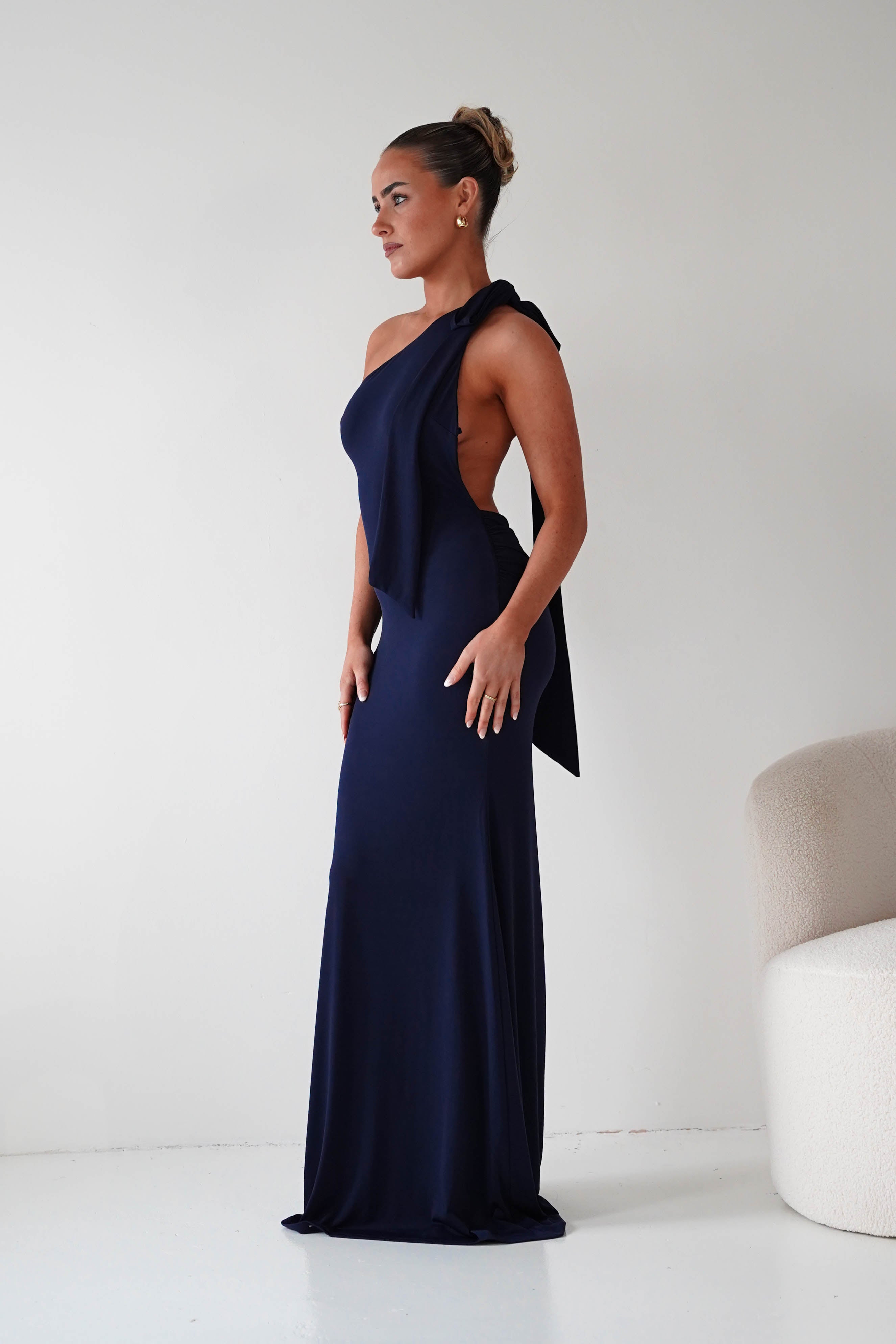 Seraphine Backless Tie Bodycon Maxi Gown | Navy