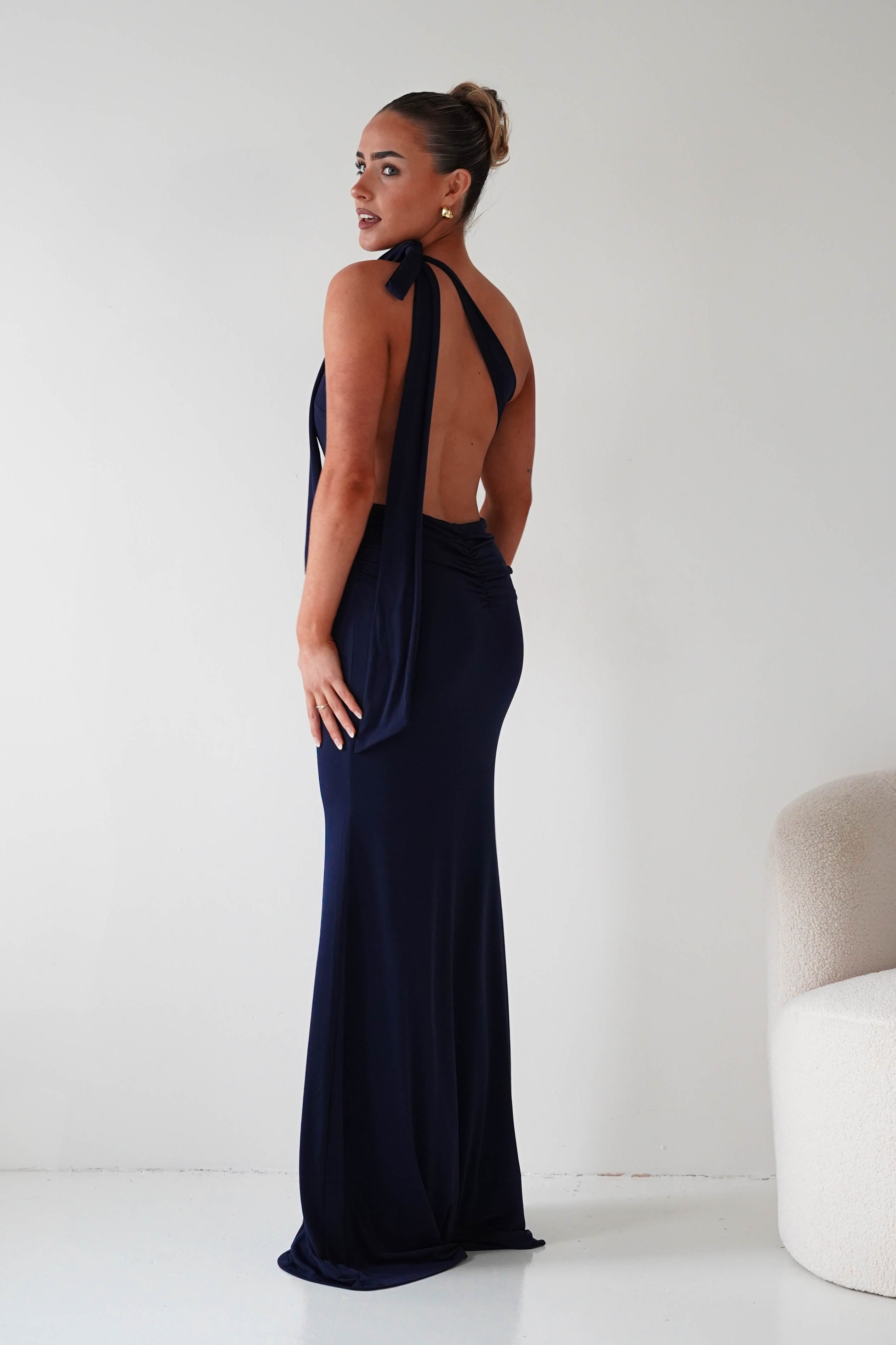Seraphine Backless Tie Bodycon Maxi Gown | Navy