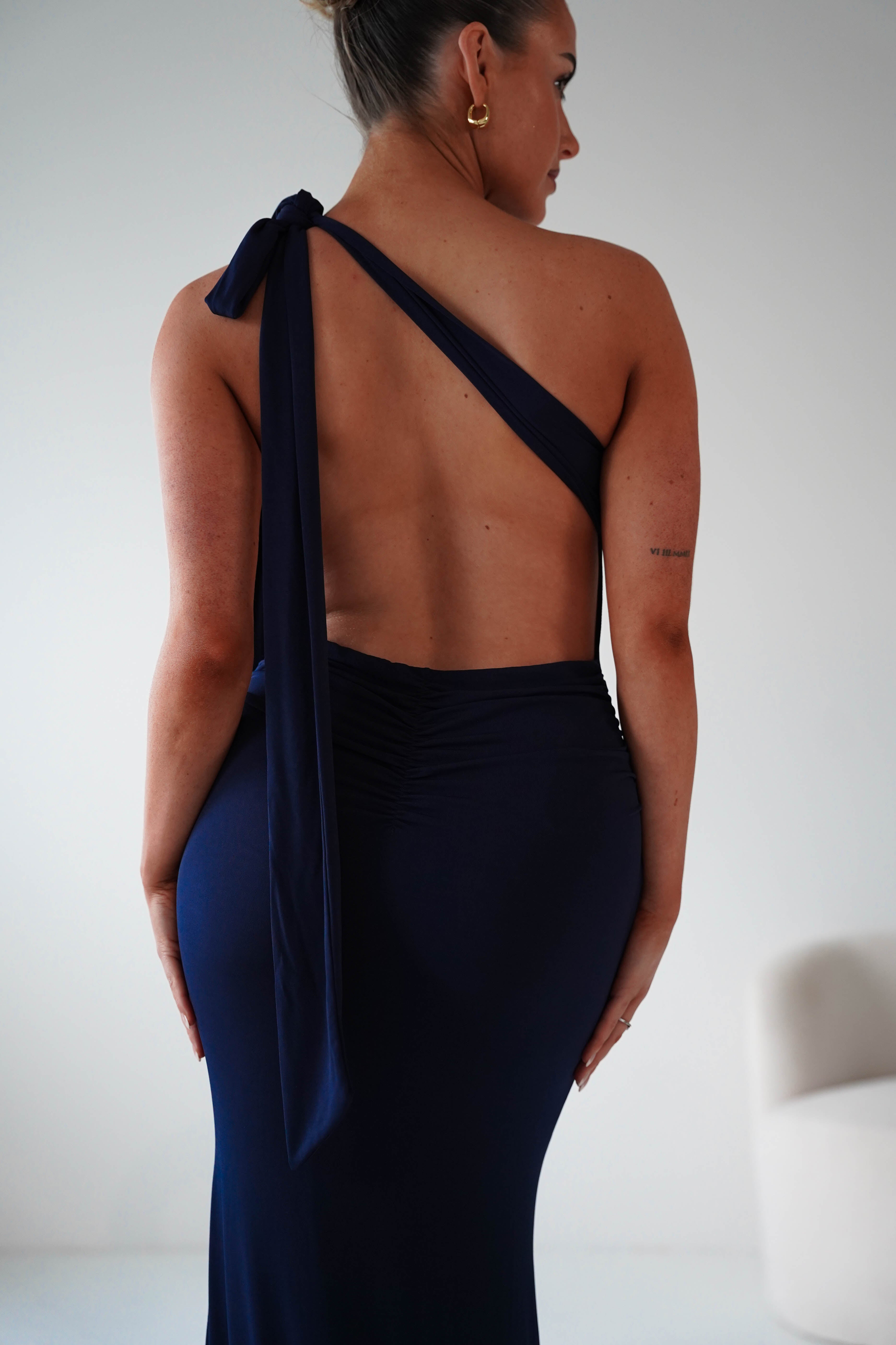 Seraphine Backless Tie Bodycon Maxi Gown | Navy