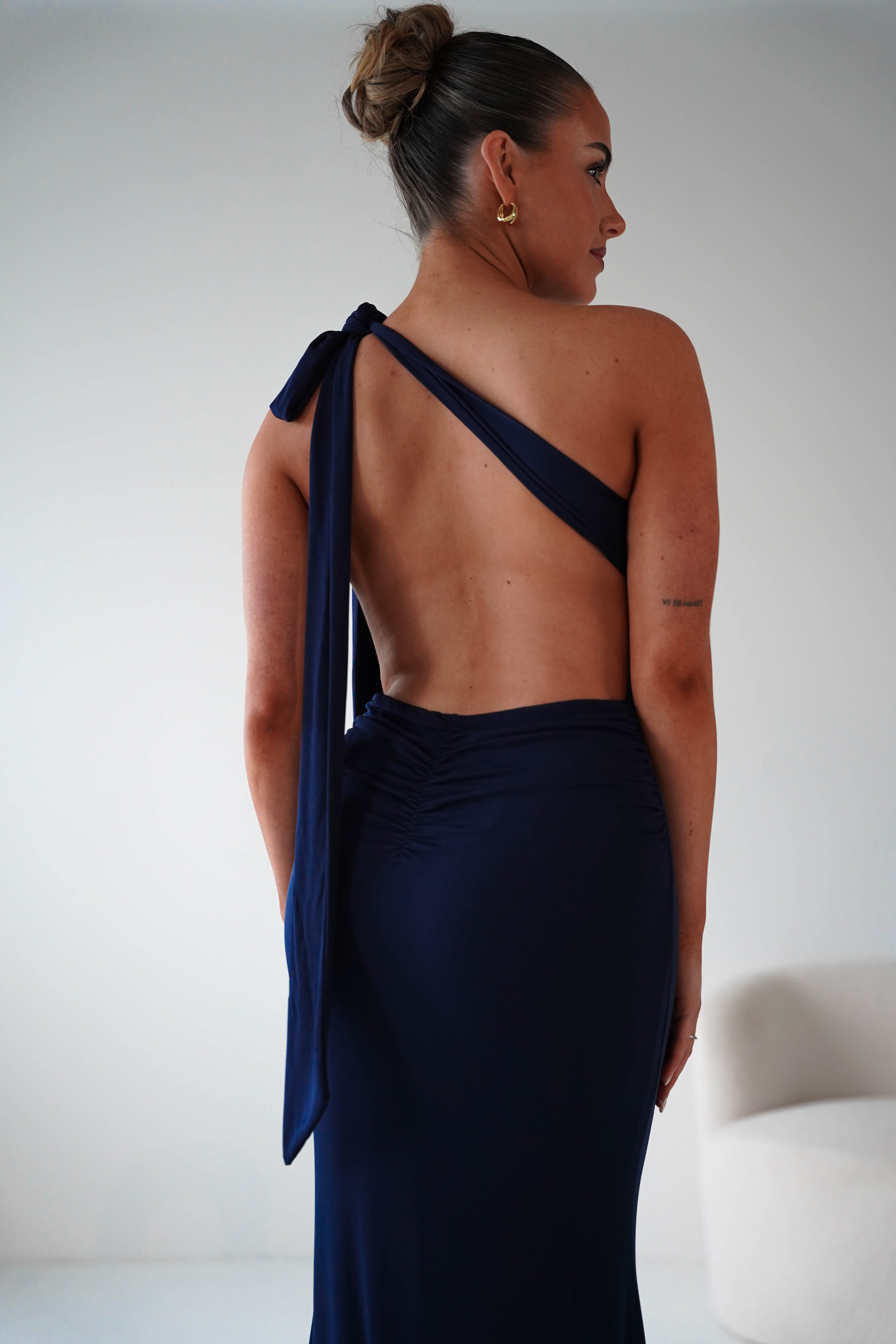Seraphine Backless Tie Bodycon Maxi Gown | Navy