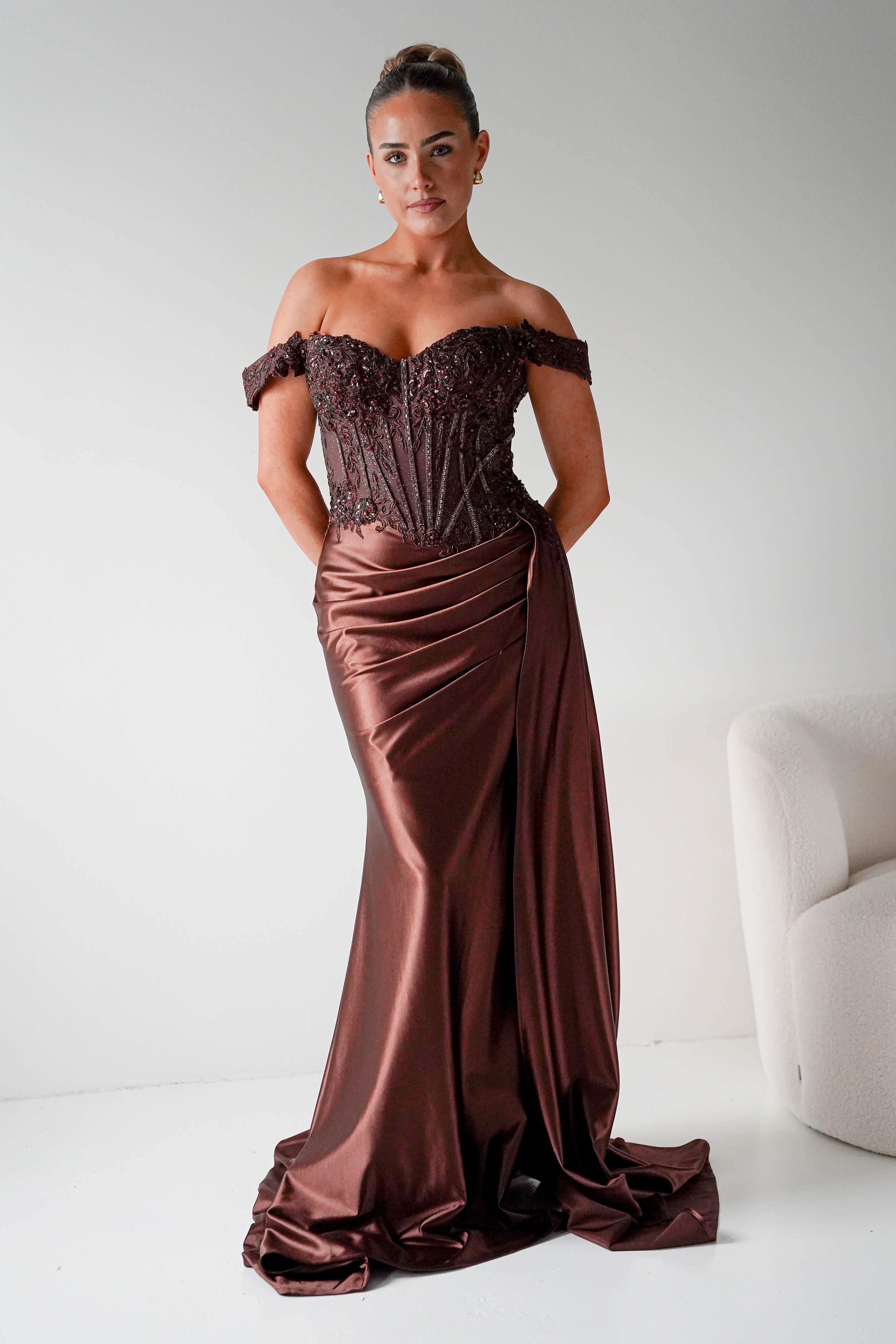 Marsela Lace Bodice Gown | Espresso Brown