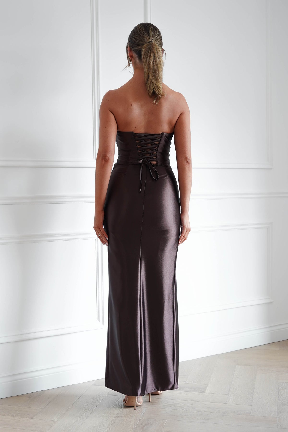 Flo Satin Lace Detail Maxi Dress | Brown