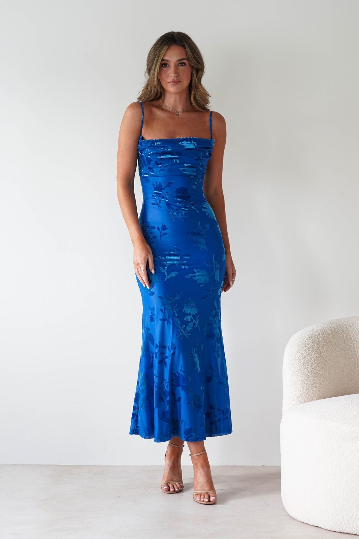 Dahlia Floral Jacquard Maxi Dress | Royal Blue-Oh Hello Clothing
