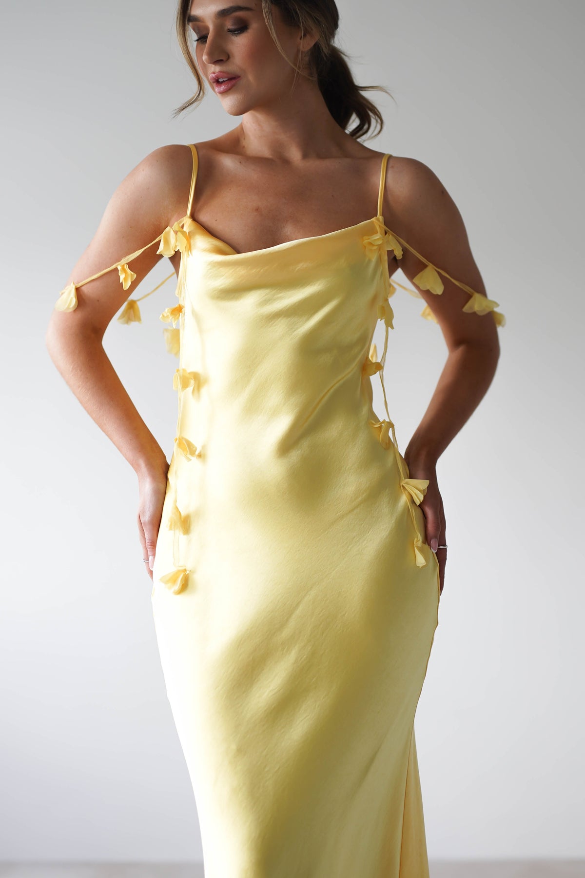 Daisy Cowl Neckline Satin Maxi Dress | Yellow-Oh Hello Clothing
