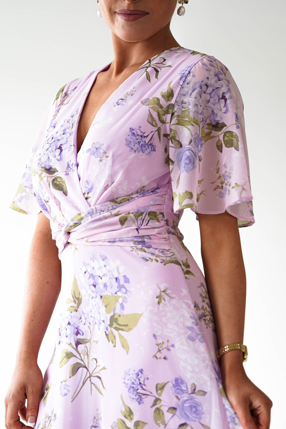 Daisy Floral Wrap Neck Twist Detail Midi Dress | Lilac-Oh Hello Clothing