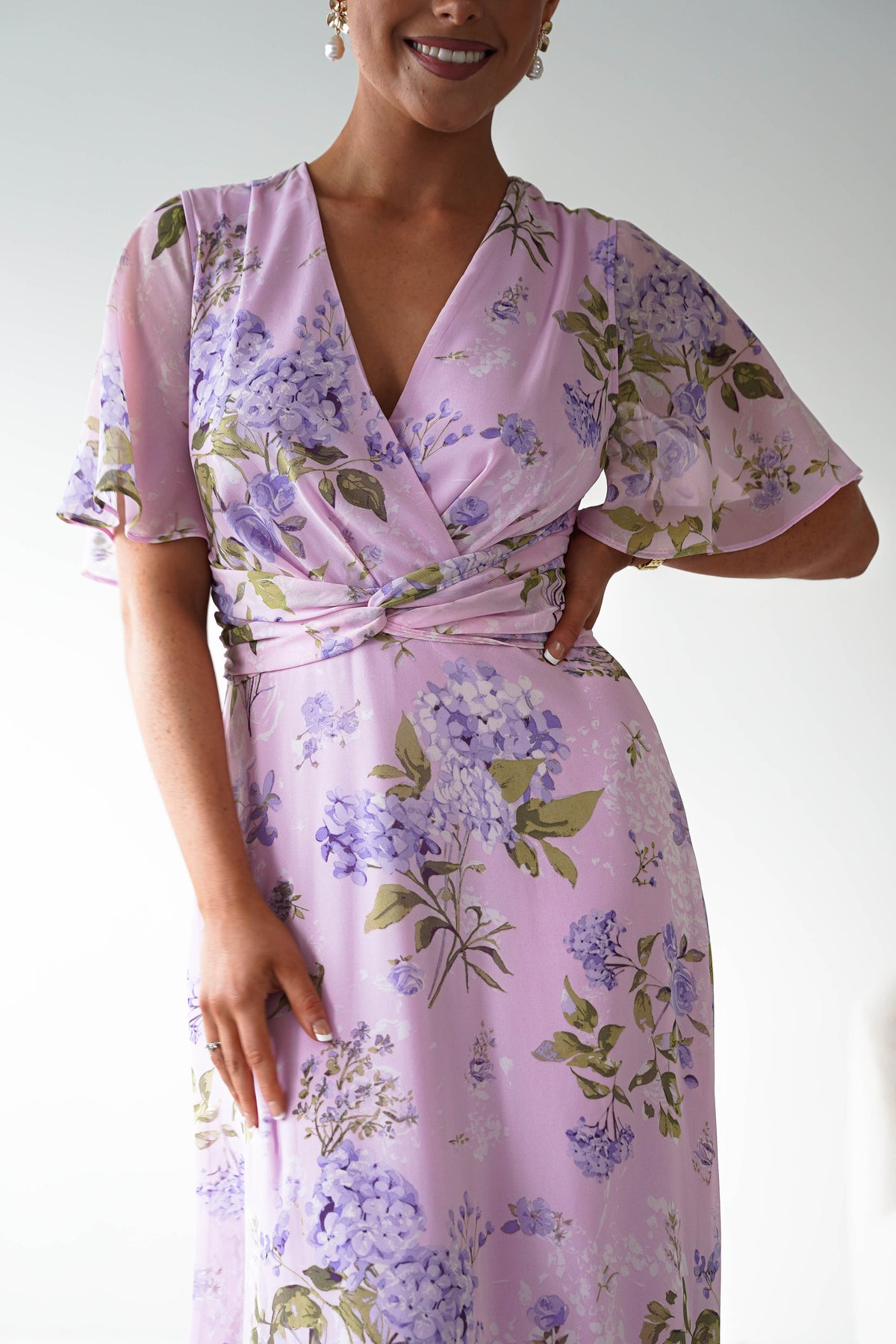 Daisy Floral Wrap Neck Twist Detail Midi Dress | Lilac-Oh Hello Clothing