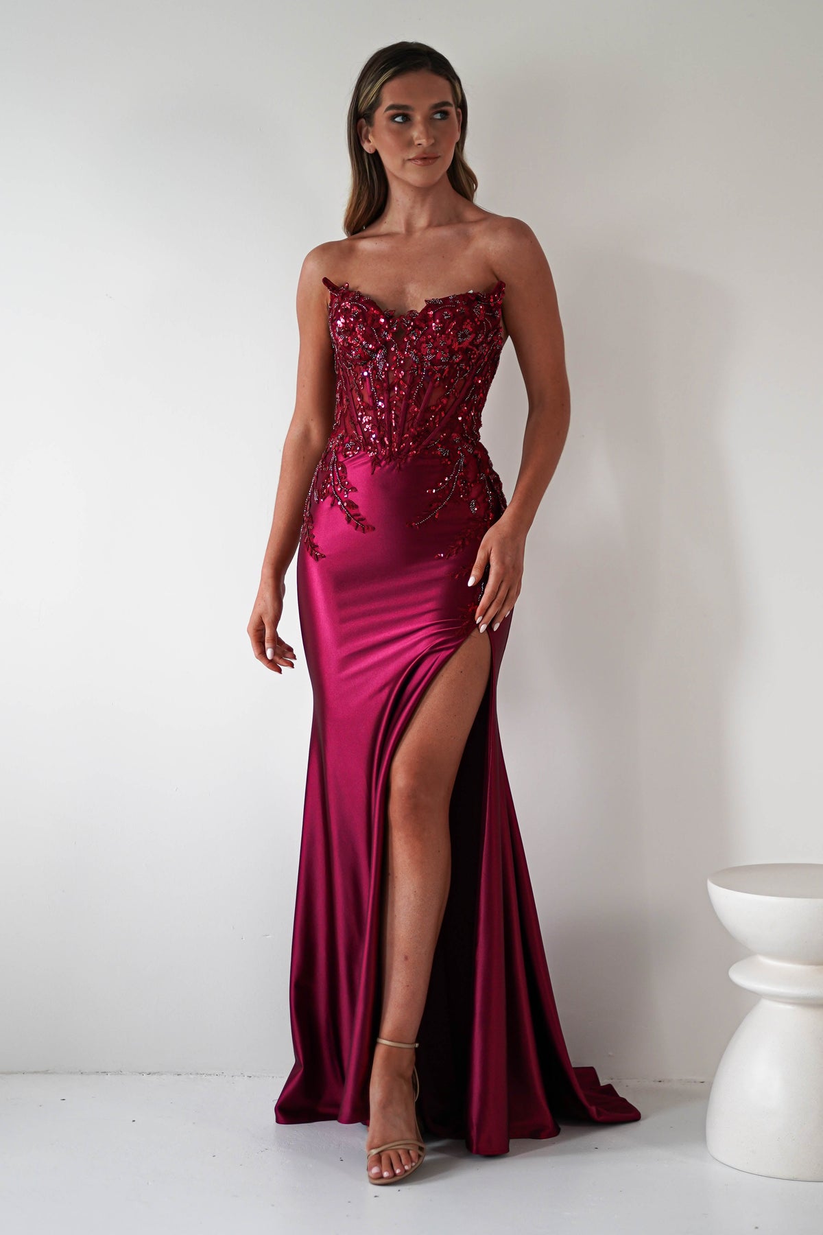 Dallas Luxe Embellished Gown | Dark Wine-Oh Hello Clothing