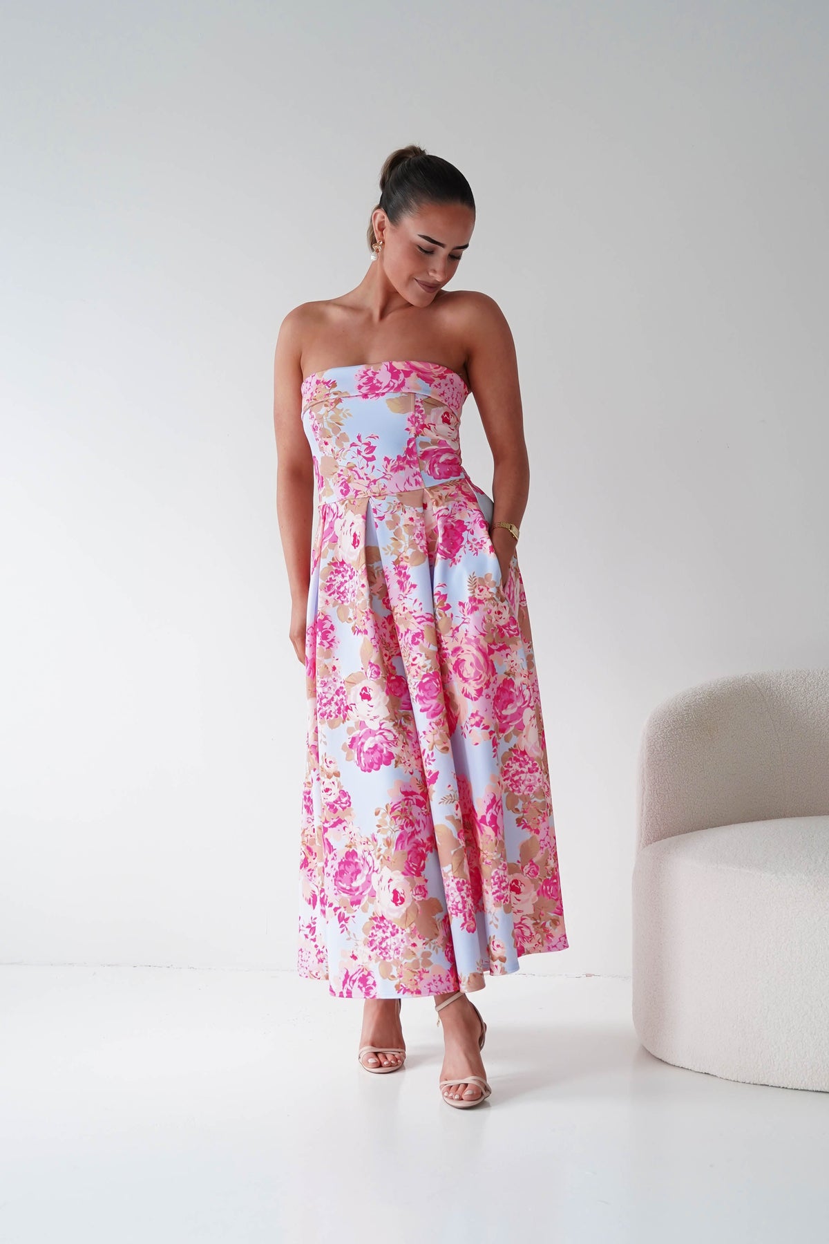 Danni Strapless Bandeau Midi Dress | Blue/Pink-Oh Hello Clothing