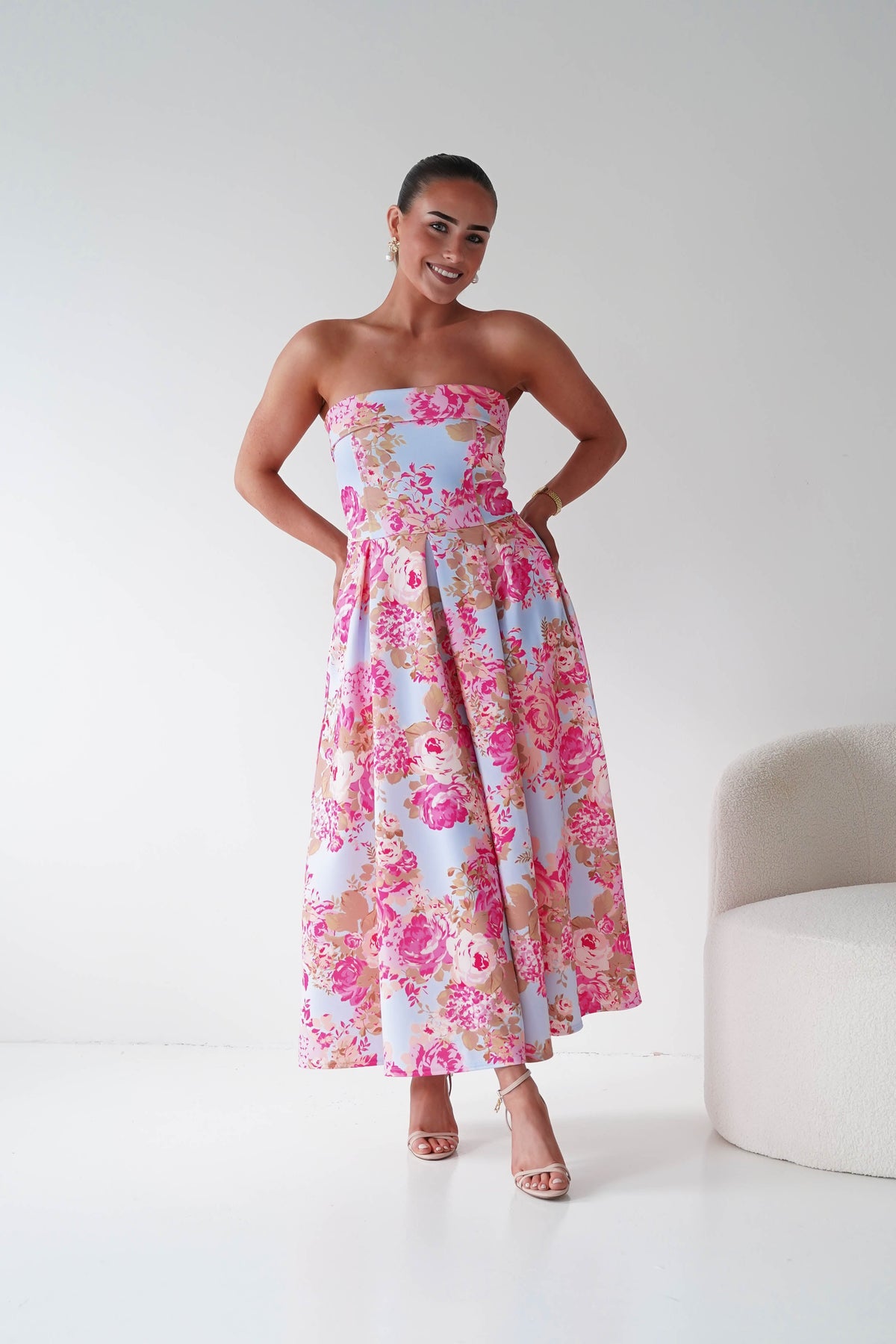 Danni Strapless Bandeau Midi Dress | Blue/Pink-Oh Hello Clothing