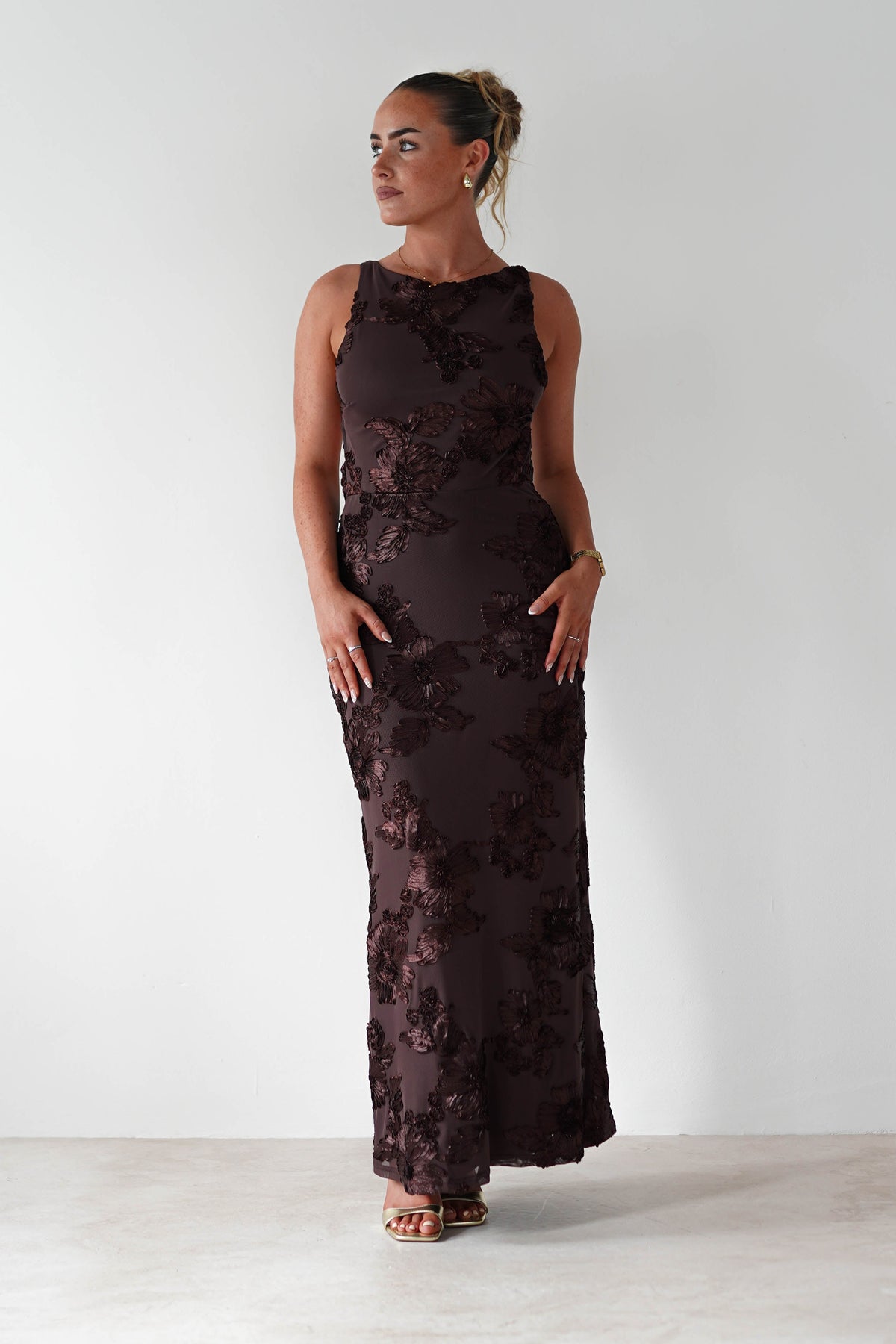Demi Floral Textured Maxi Dress | Brown-Oh Hello Clothing