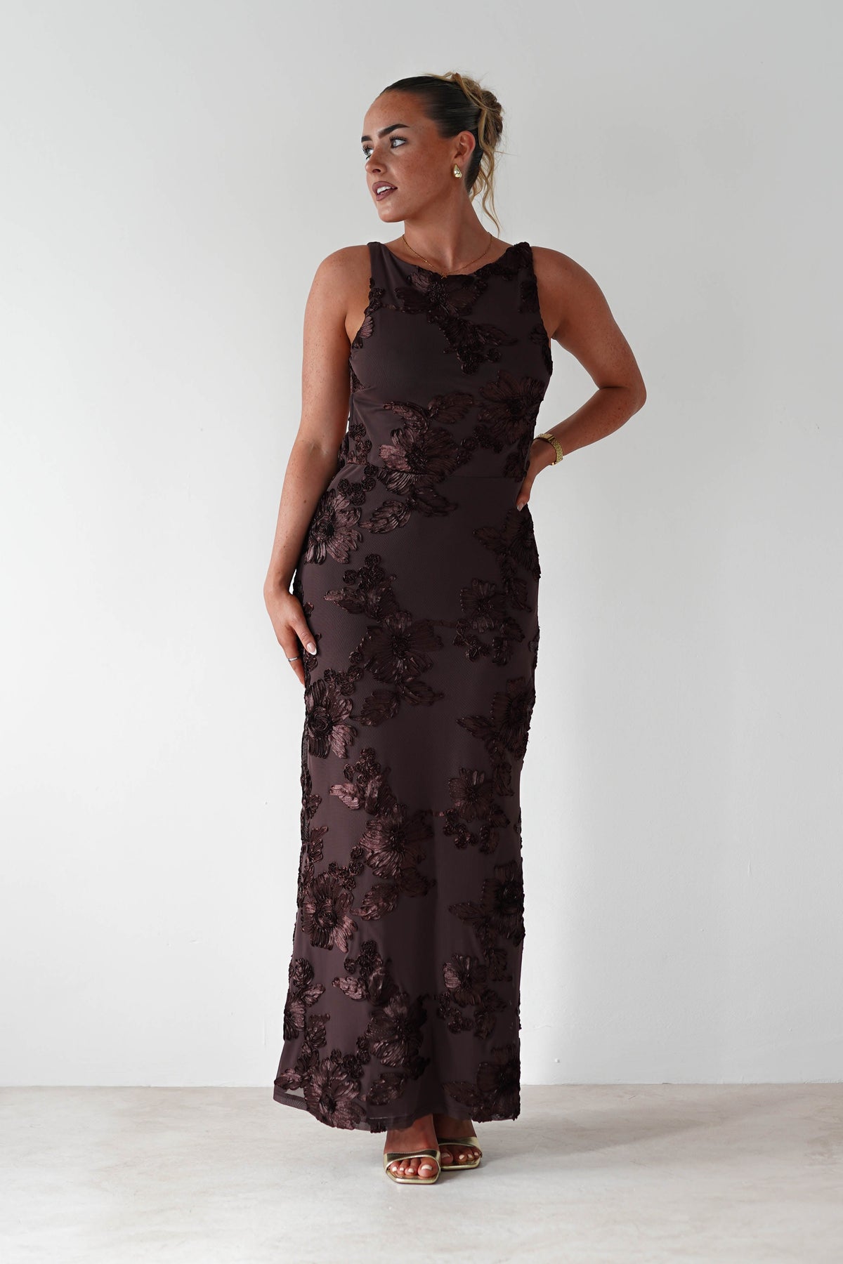 Demi Floral Textured Maxi Dress | Brown-Oh Hello Clothing