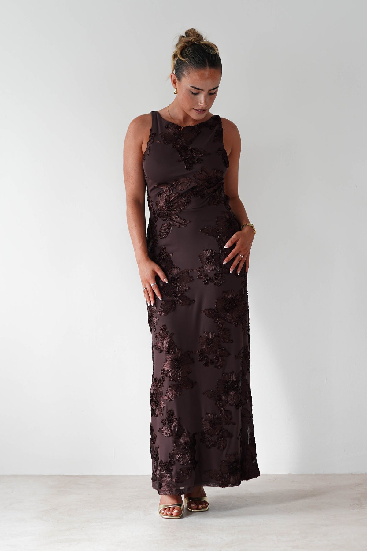 Demi Floral Textured Maxi Dress | Brown-Oh Hello Clothing