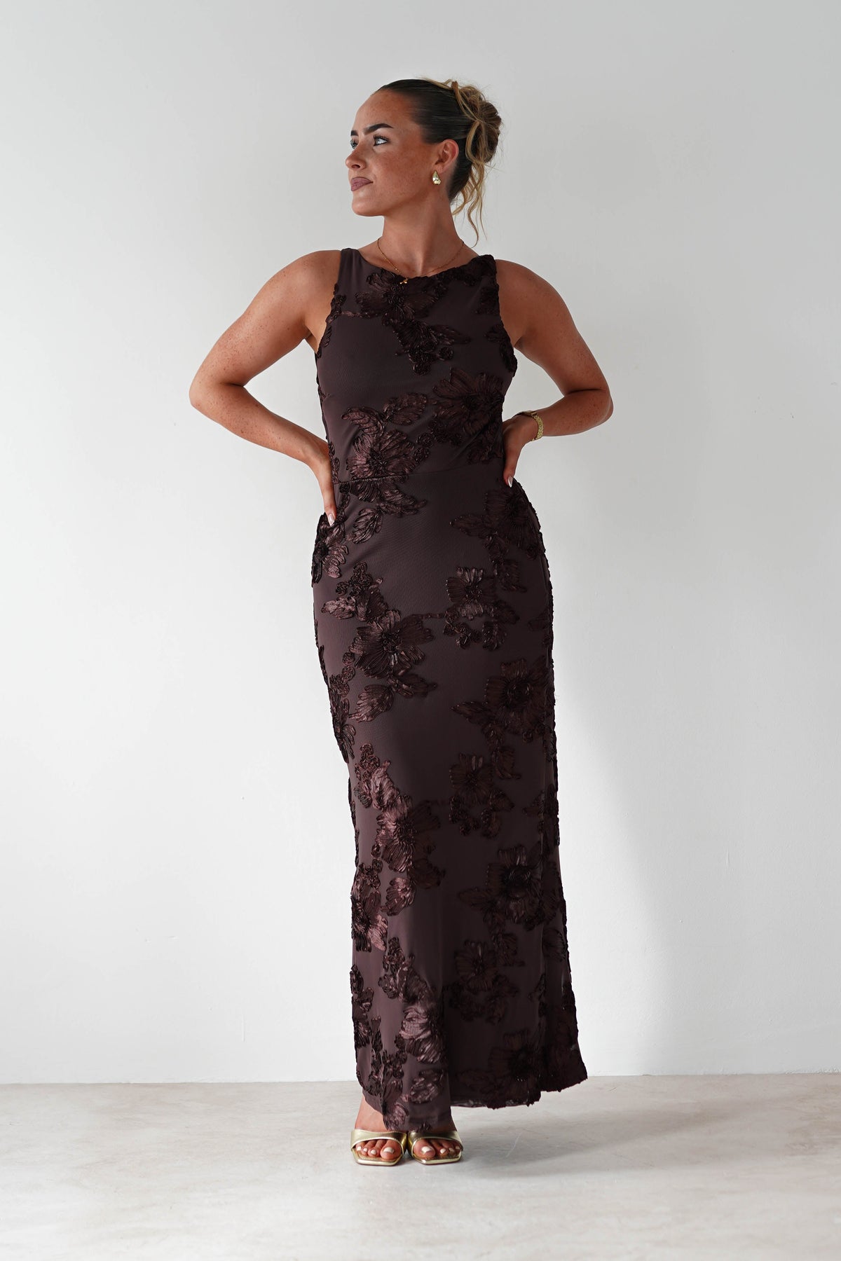 Demi Floral Textured Maxi Dress | Brown-Oh Hello Clothing