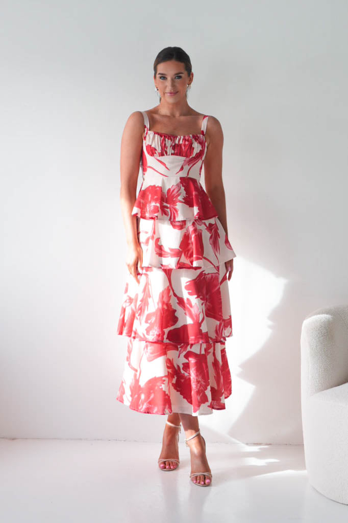 Denisa Floral Print Ruffle Maxi Dress | Red-Oh Hello Clothing