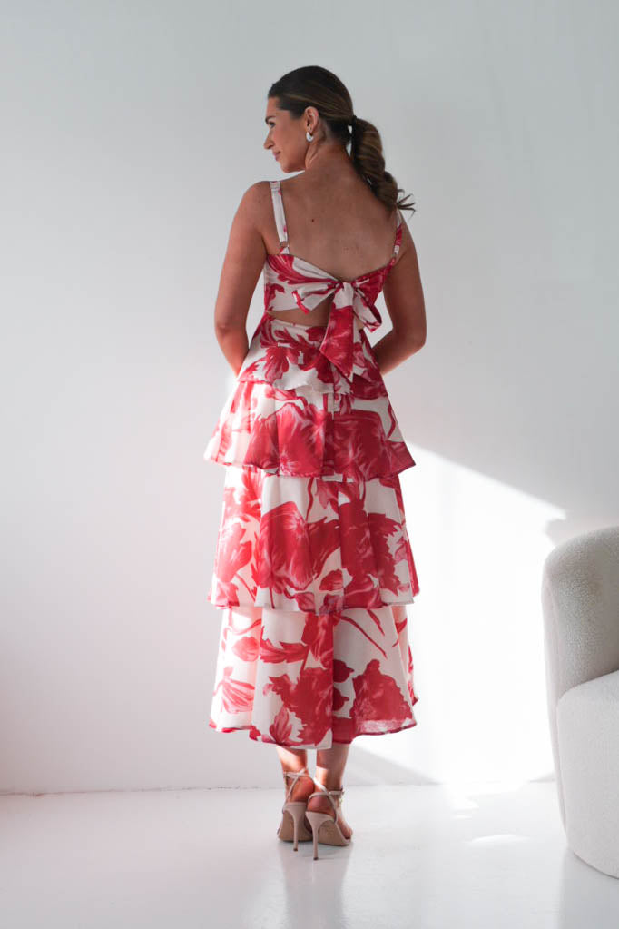 Denisa Floral Print Ruffle Maxi Dress | Red-Oh Hello Clothing