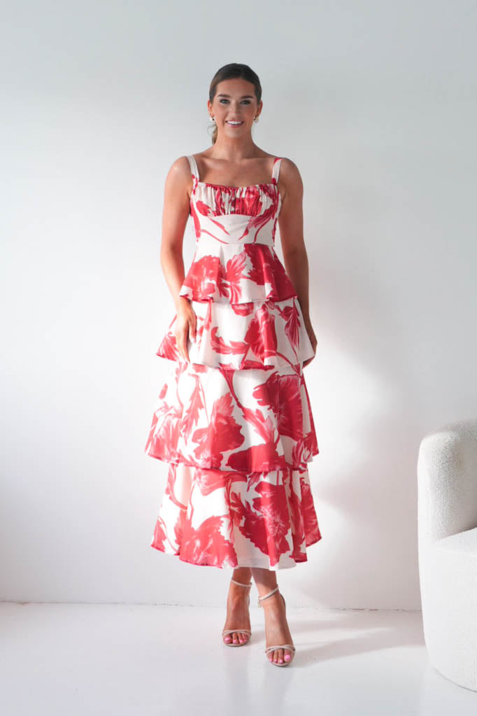 Denisa Floral Print Ruffle Maxi Dress | Red-Oh Hello Clothing
