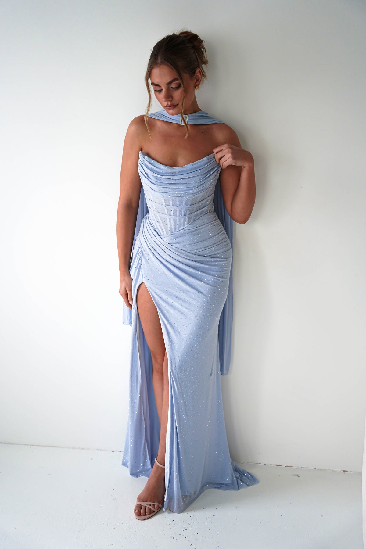 Diana Draped Strapless Rhinestone Gown | Blue-Oh Hello Clothing