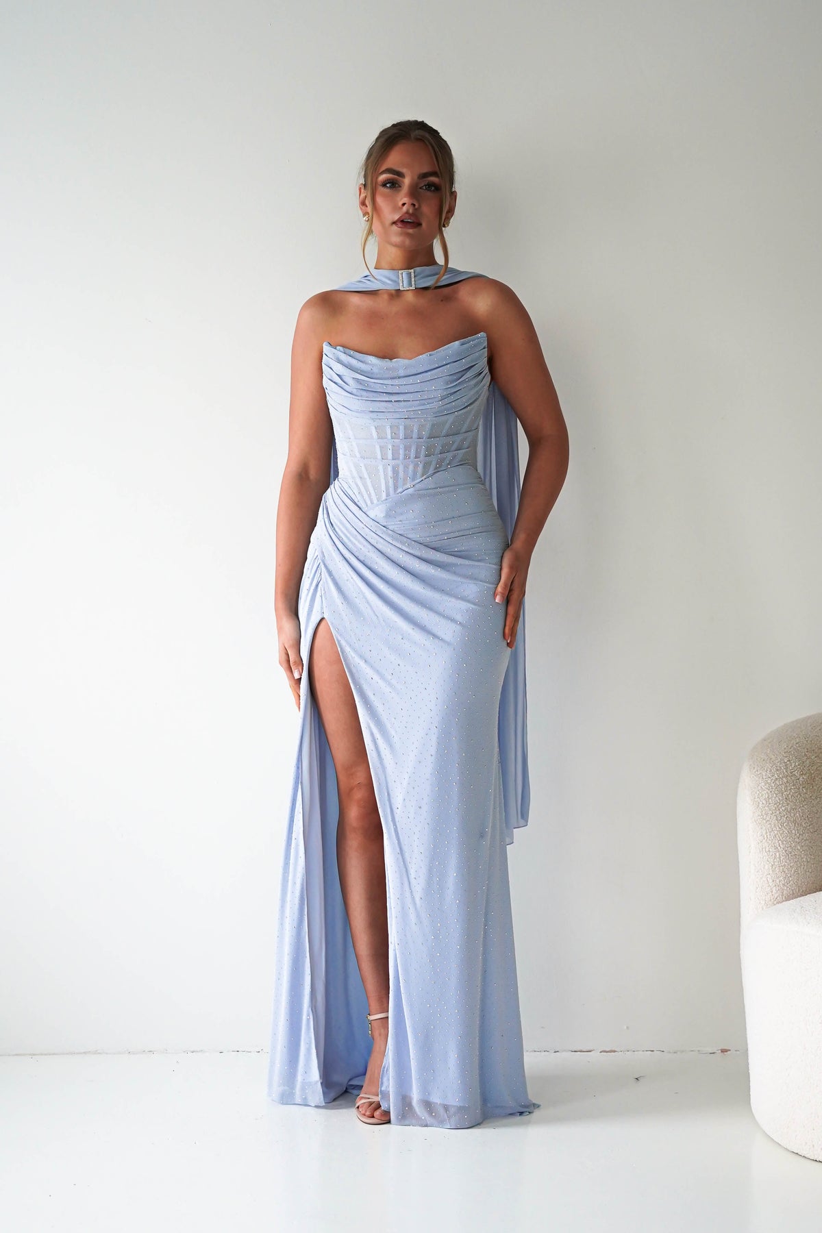 Diana Draped Strapless Rhinestone Gown | Blue-Oh Hello Clothing