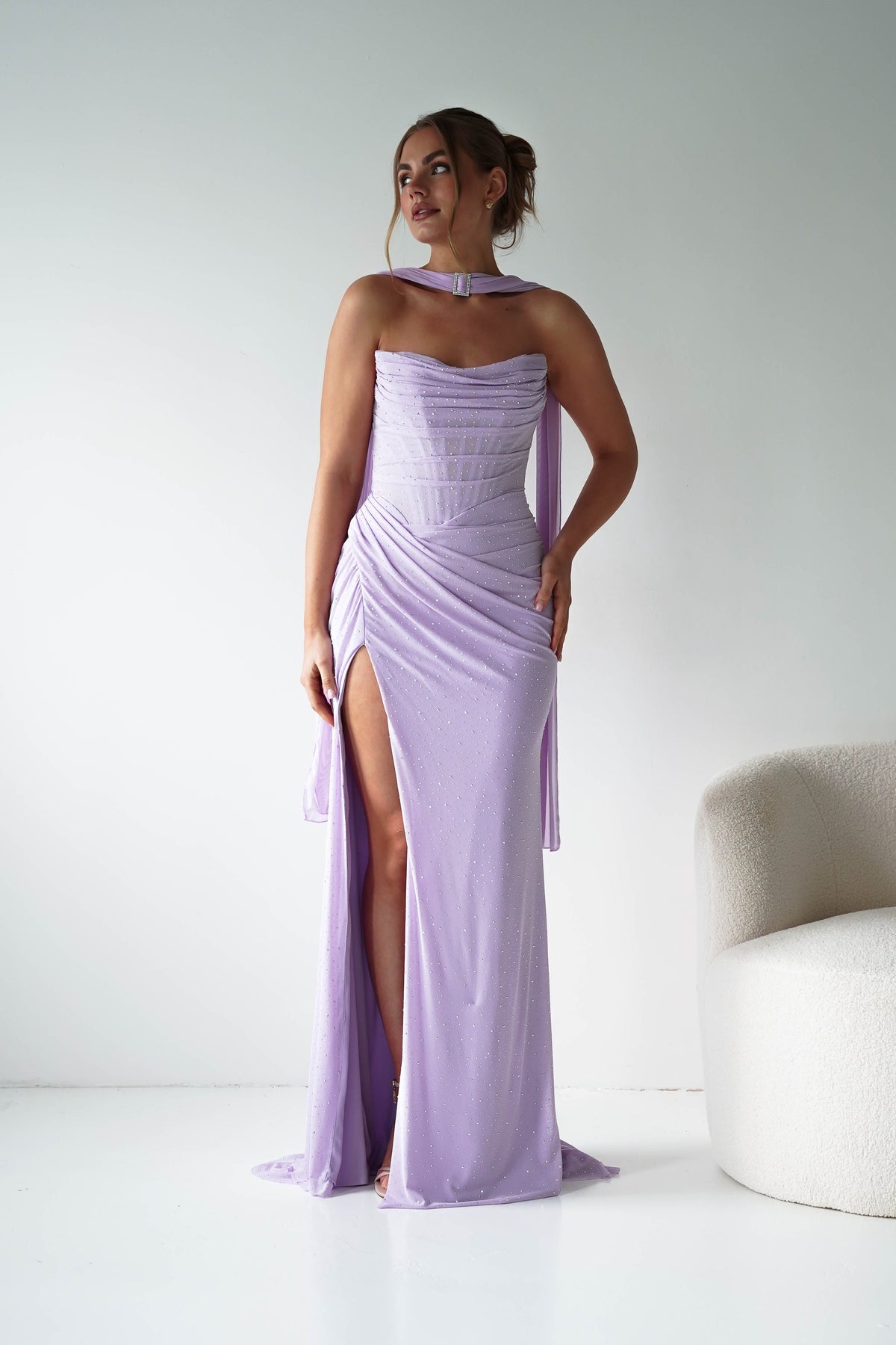 Diana Draped Strapless Rhinestone Gown | Lavender-Oh Hello Clothing