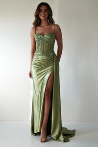 Vestido Largo con Corsé y Pedrería Diva | Verde