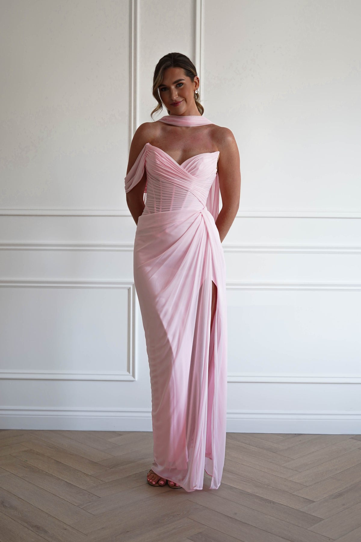 Donatella Draped Strapless Maxi Gown | Pink-Oh Hello Clothing