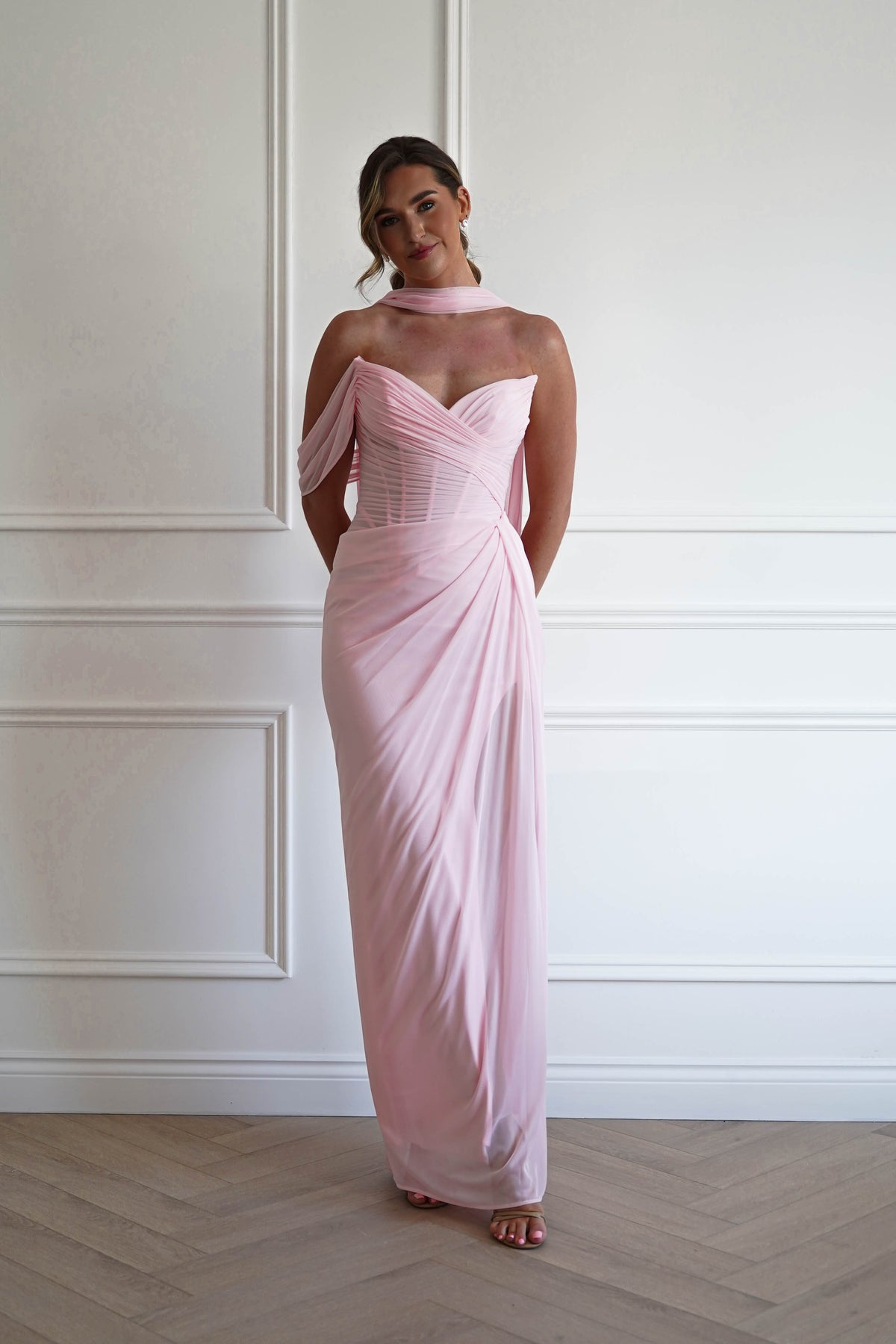Donatella Draped Strapless Maxi Gown | Pink-Oh Hello Clothing