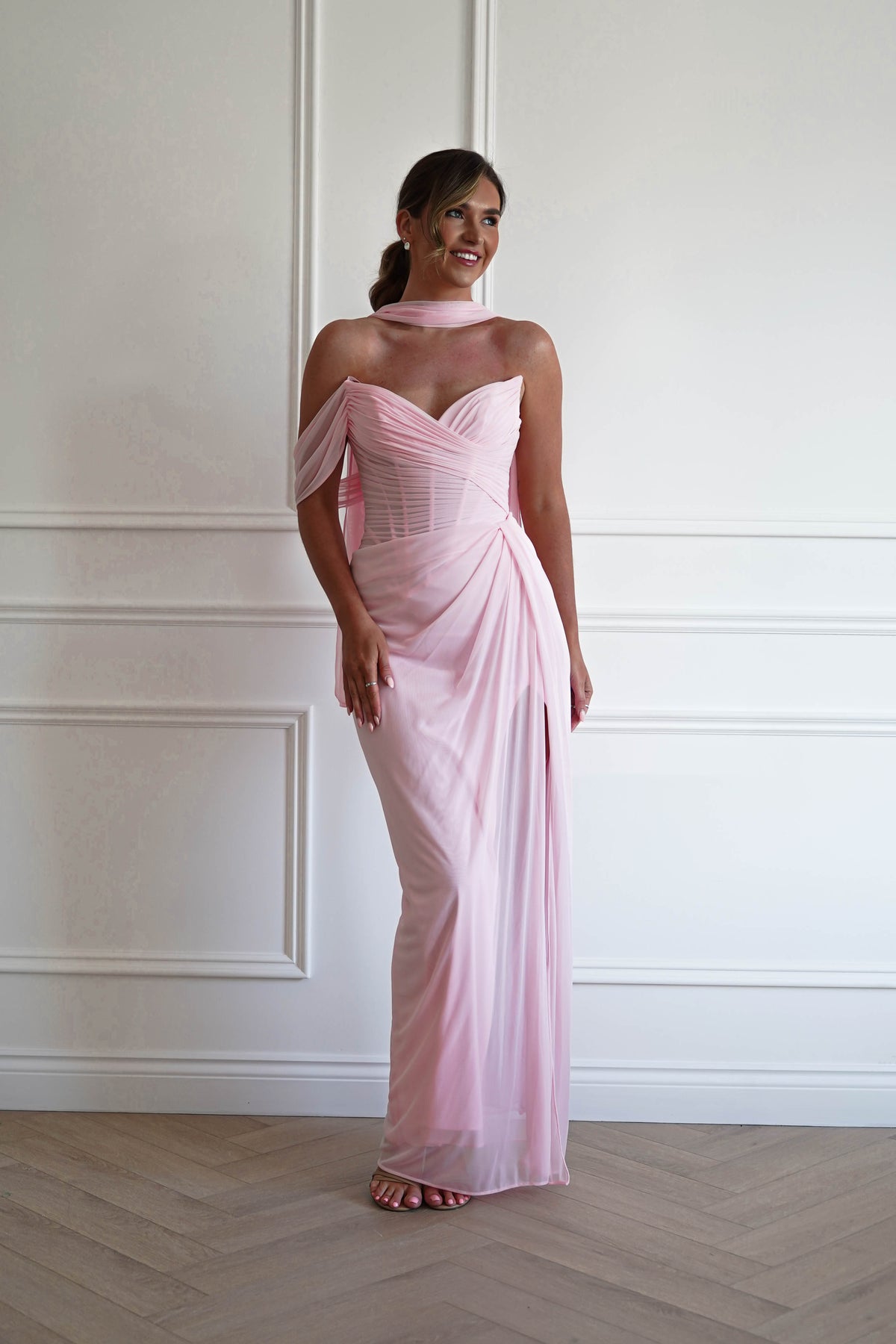 Donatella Draped Strapless Maxi Gown | Pink-Oh Hello Clothing