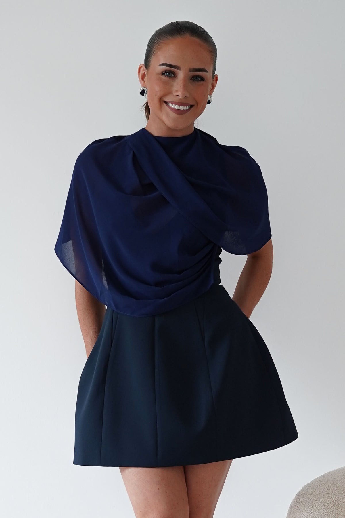 Oh Hello Clothing Top ONE SIZE Elegant Draped Cape | Navy