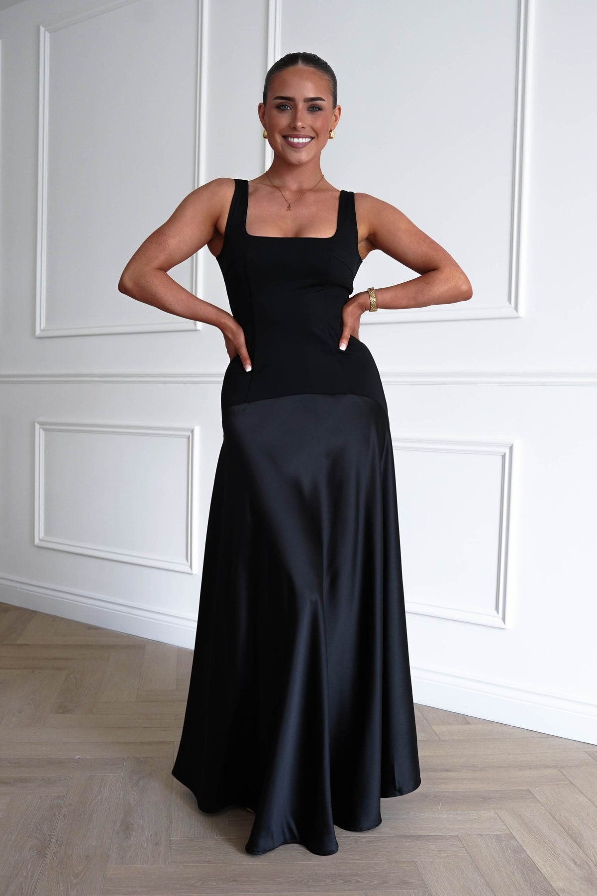 Elena Square Neck Soft Satin Maxi Dress | Black-Oh Hello Clothing