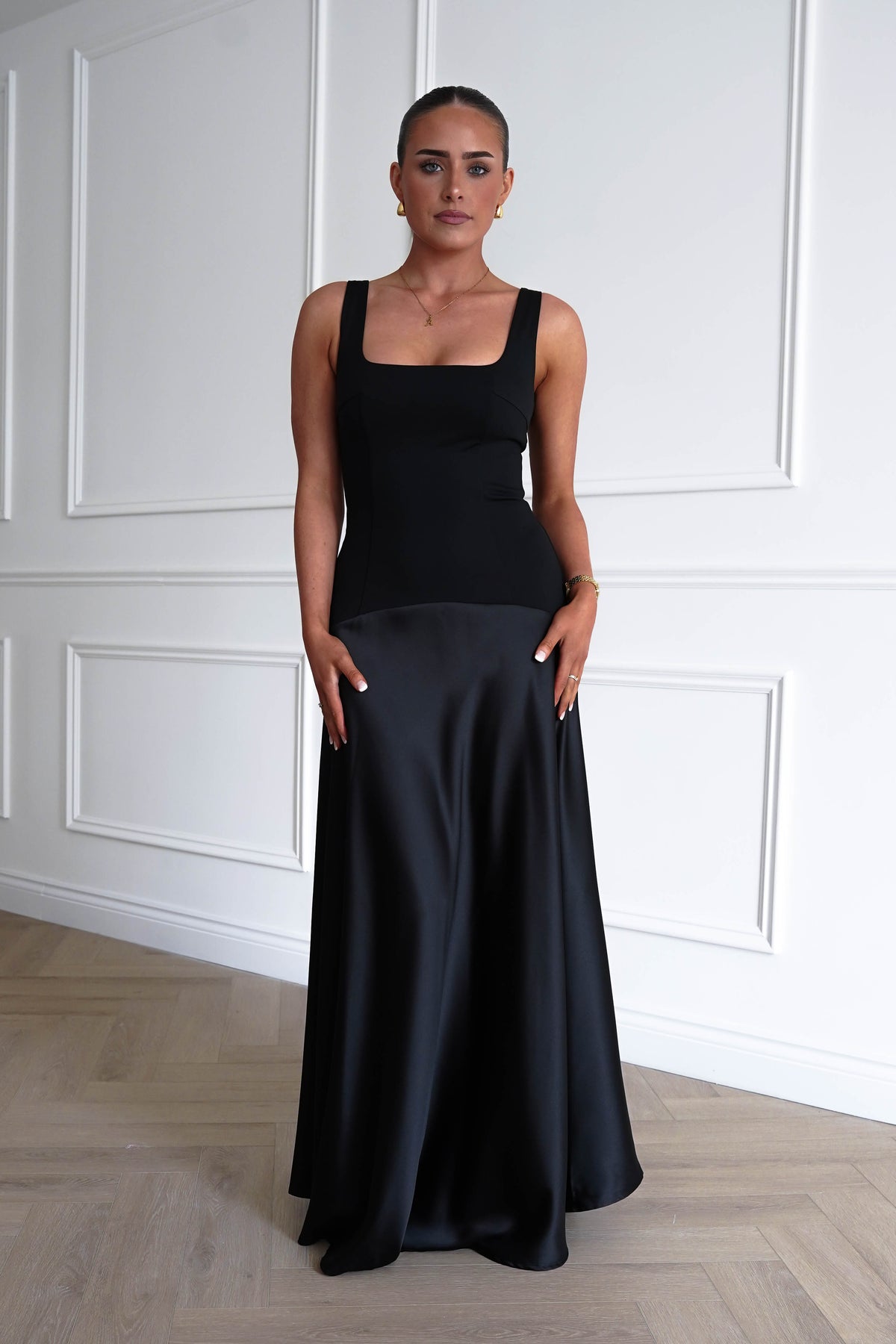 Elena Square Neck Soft Satin Maxi Dress | Black-Oh Hello Clothing