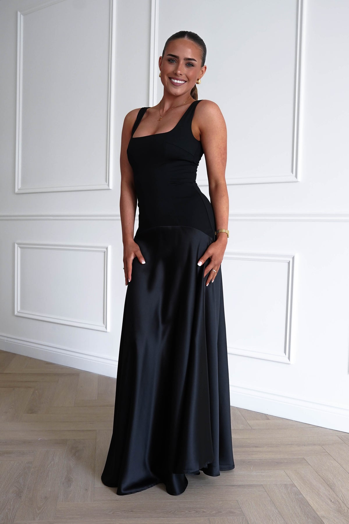 Elena Square Neck Soft Satin Maxi Dress | Black-Oh Hello Clothing