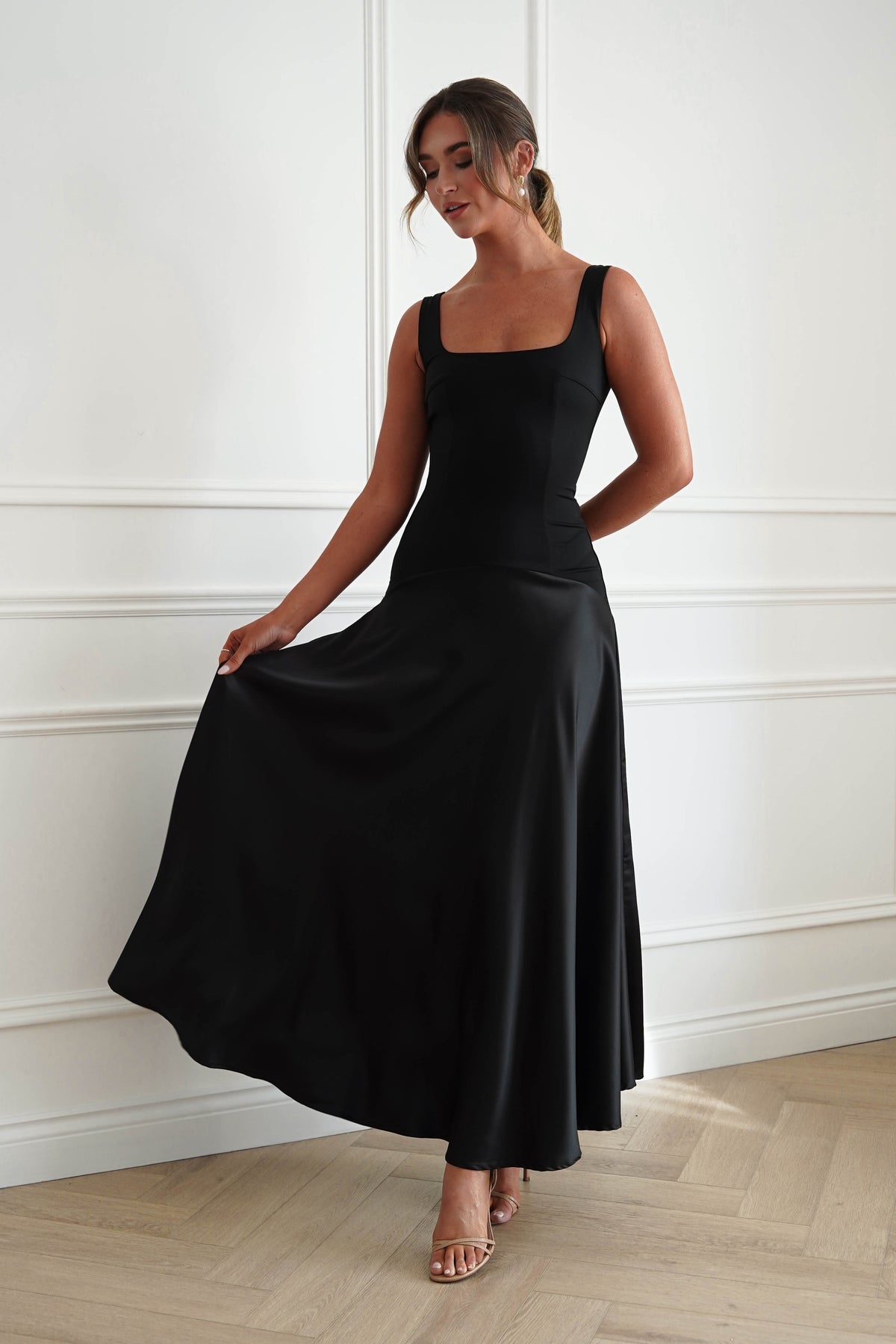 Elena Square Neck Soft Satin Maxi Dress | Black-Oh Hello Clothing
