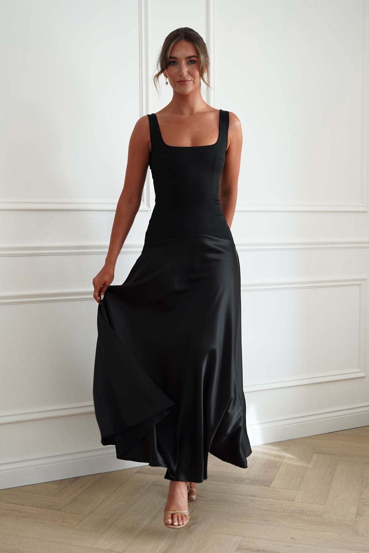 Elena Square Neck Soft Satin Maxi Dress | Black-Oh Hello Clothing
