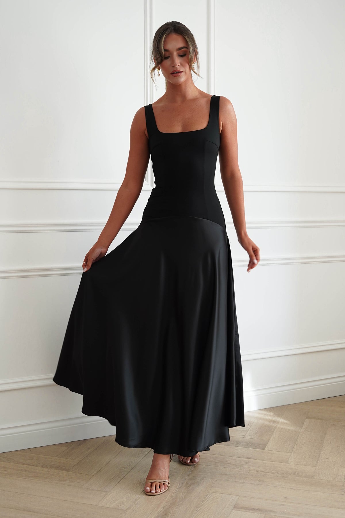 Elena Square Neck Soft Satin Maxi Dress | Black-Oh Hello Clothing