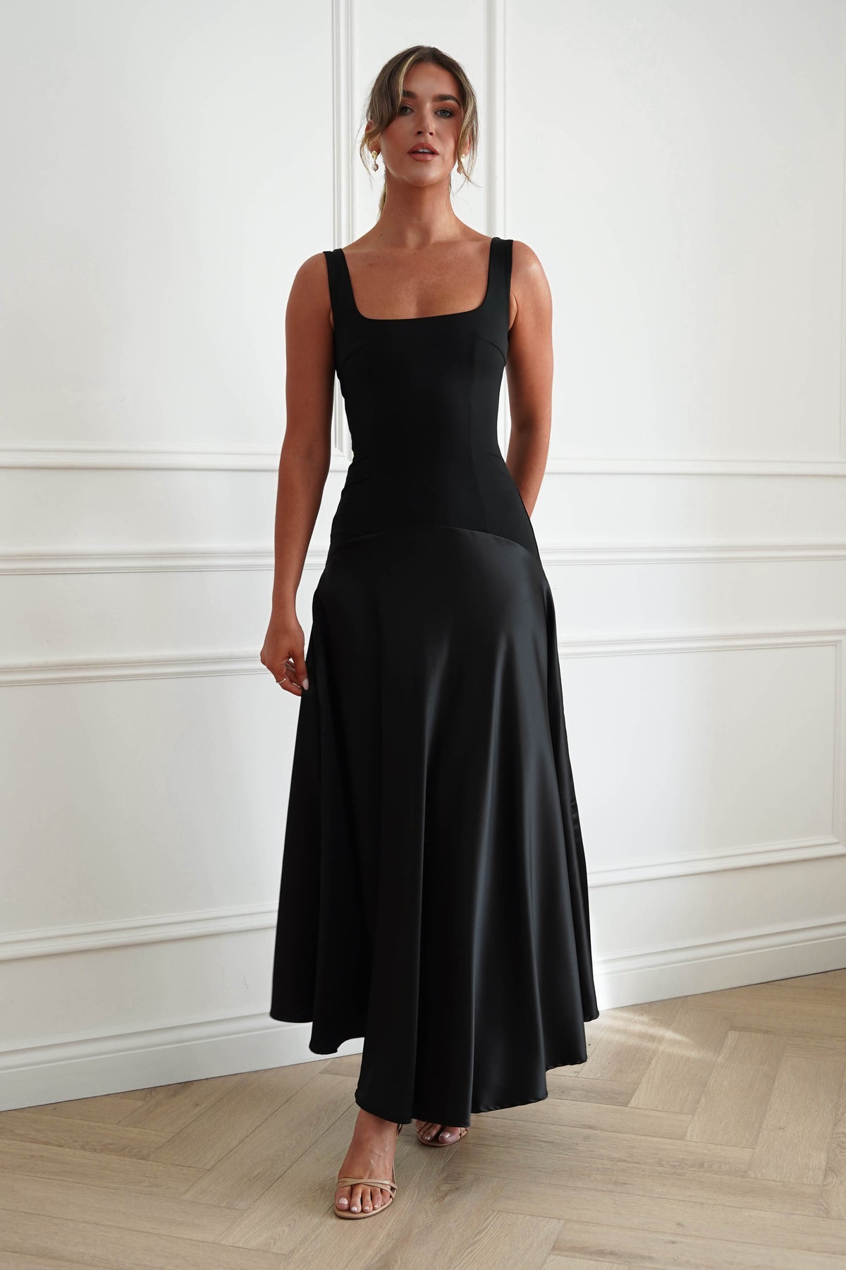 Elena Square Neck Soft Satin Maxi Dress | Black-Oh Hello Clothing