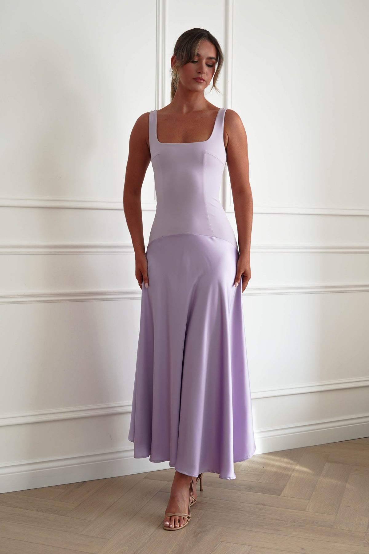 Elena Square Neck Soft Satin Maxi Dress | Lilac-Oh Hello Clothing