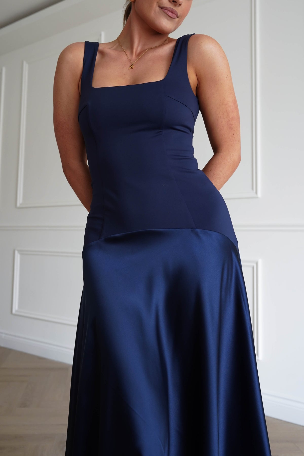 Elena Square Neck Soft Satin Maxi Dress | Navy-Oh Hello Clothing