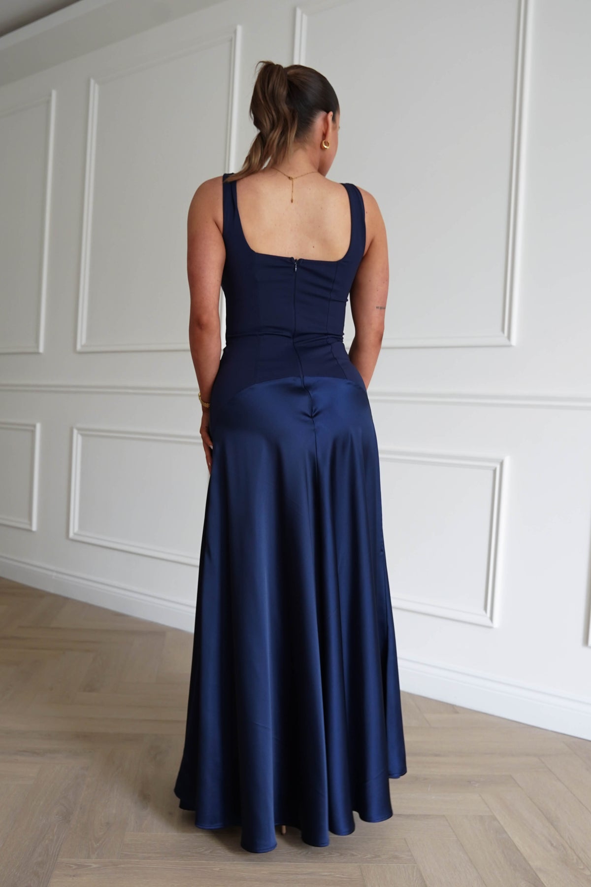 Elena Square Neck Soft Satin Maxi Dress | Navy-Oh Hello Clothing