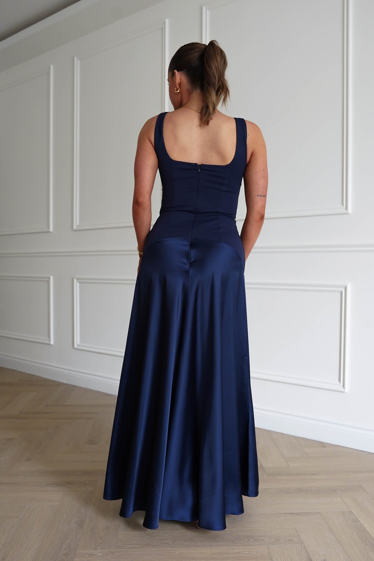 Elena Square Neck Soft Satin Maxi Dress | Navy-Oh Hello Clothing