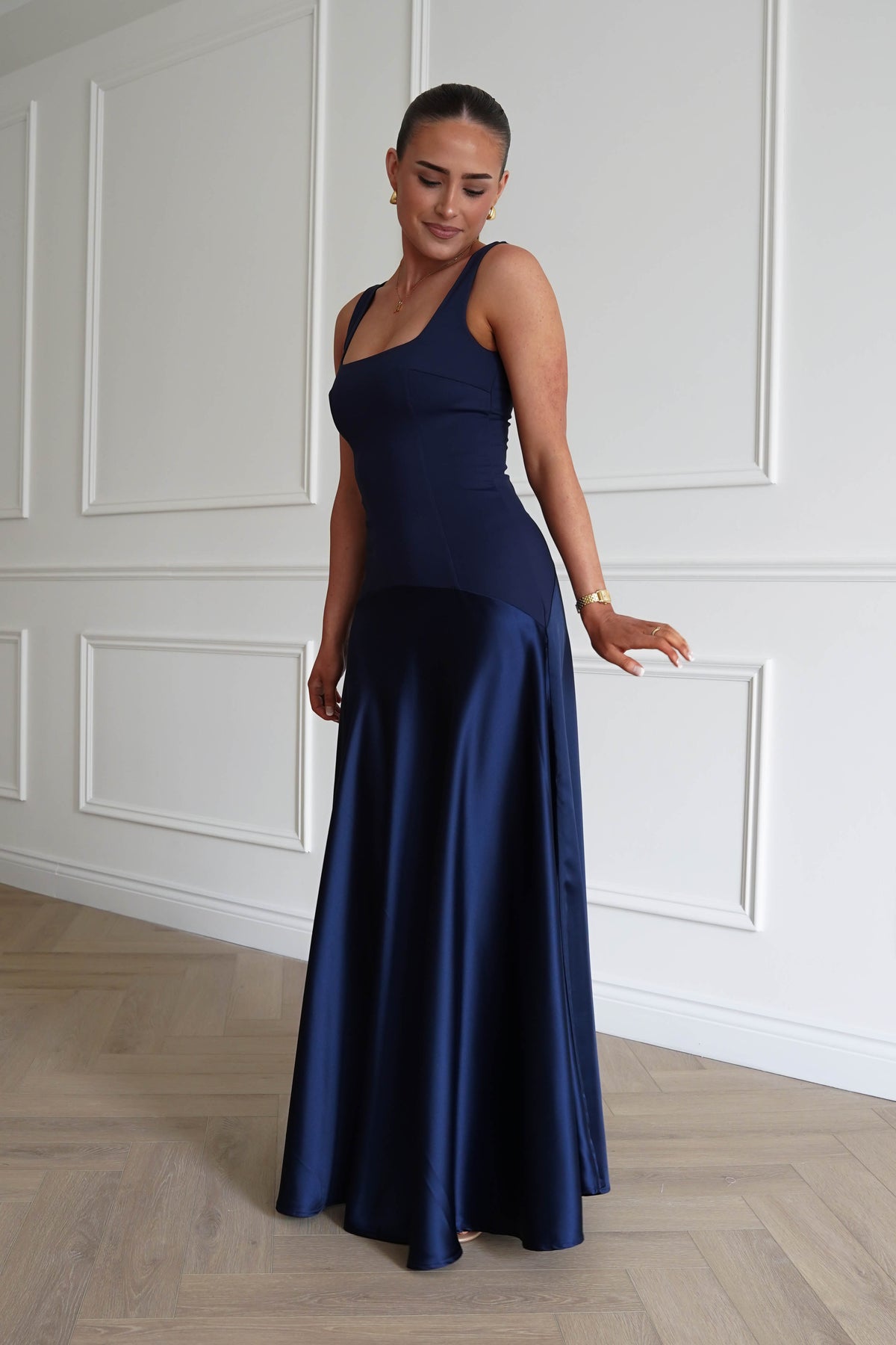 Elena Square Neck Soft Satin Maxi Dress | Navy-Oh Hello Clothing