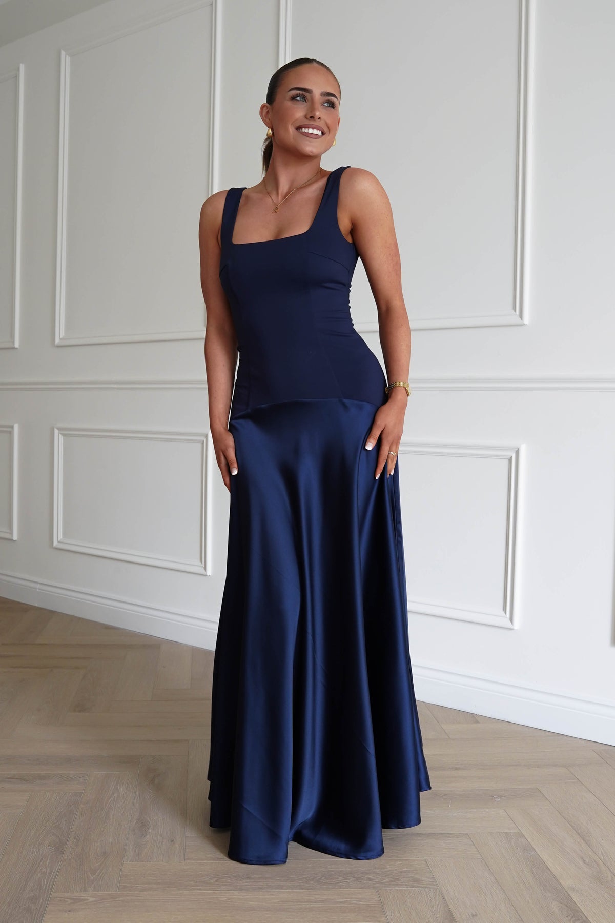 Elena Square Neck Soft Satin Maxi Dress | Navy-Oh Hello Clothing