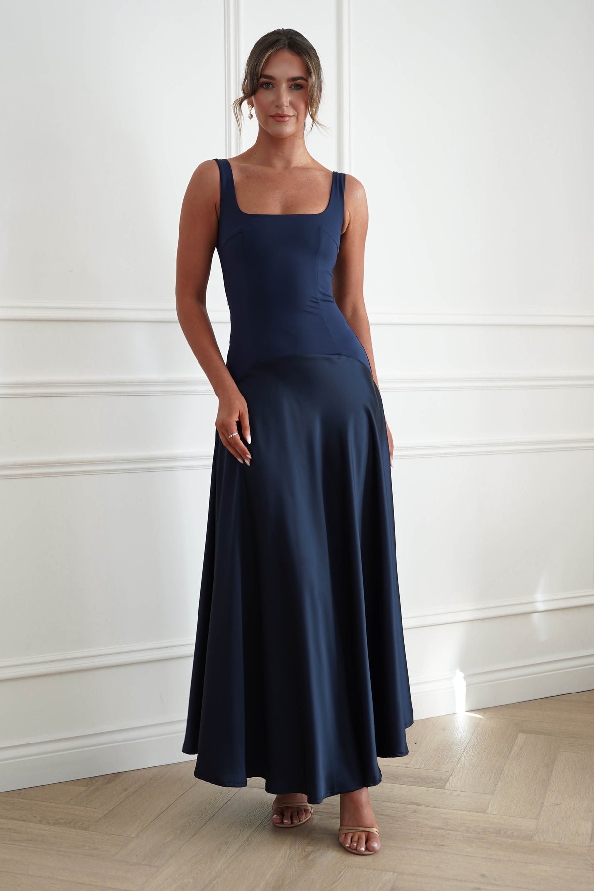 Elena Square Neck Soft Satin Maxi Dress | Navy-Oh Hello Clothing