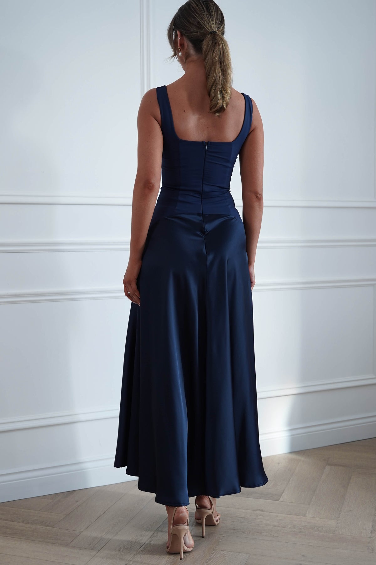 Elena Square Neck Soft Satin Maxi Dress | Navy-Oh Hello Clothing