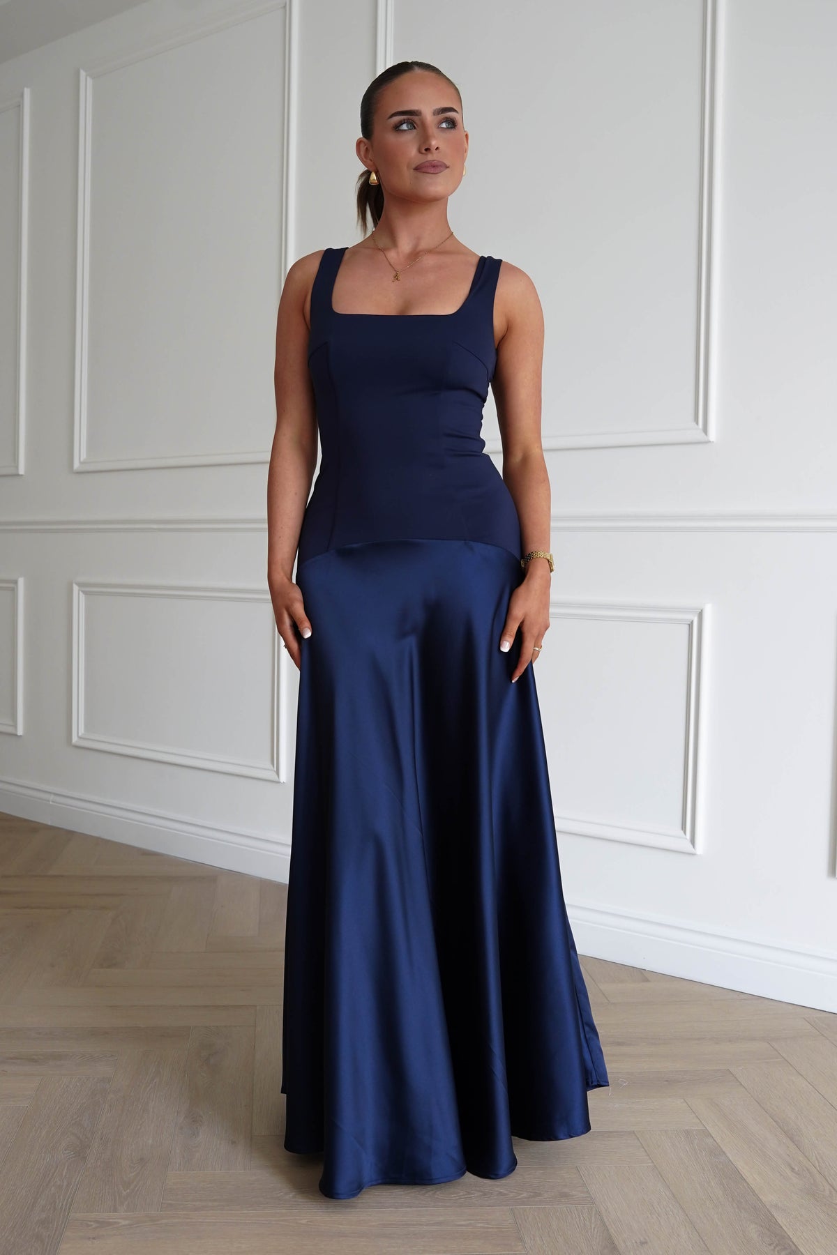 Elena Square Neck Soft Satin Maxi Dress | Navy-Oh Hello Clothing