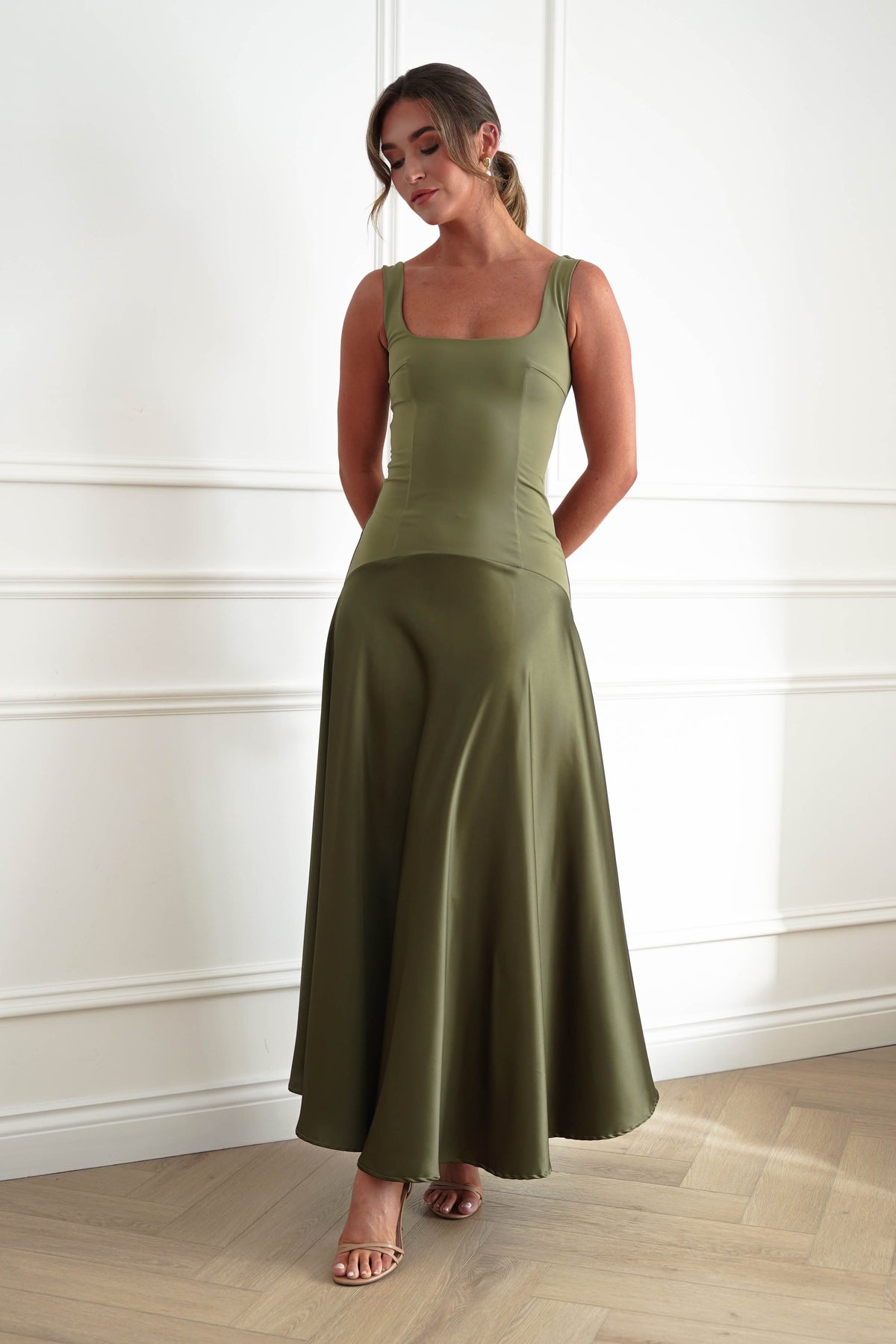 Elena Square Neck Soft Satin Maxi Dress | Olive-Oh Hello Clothing