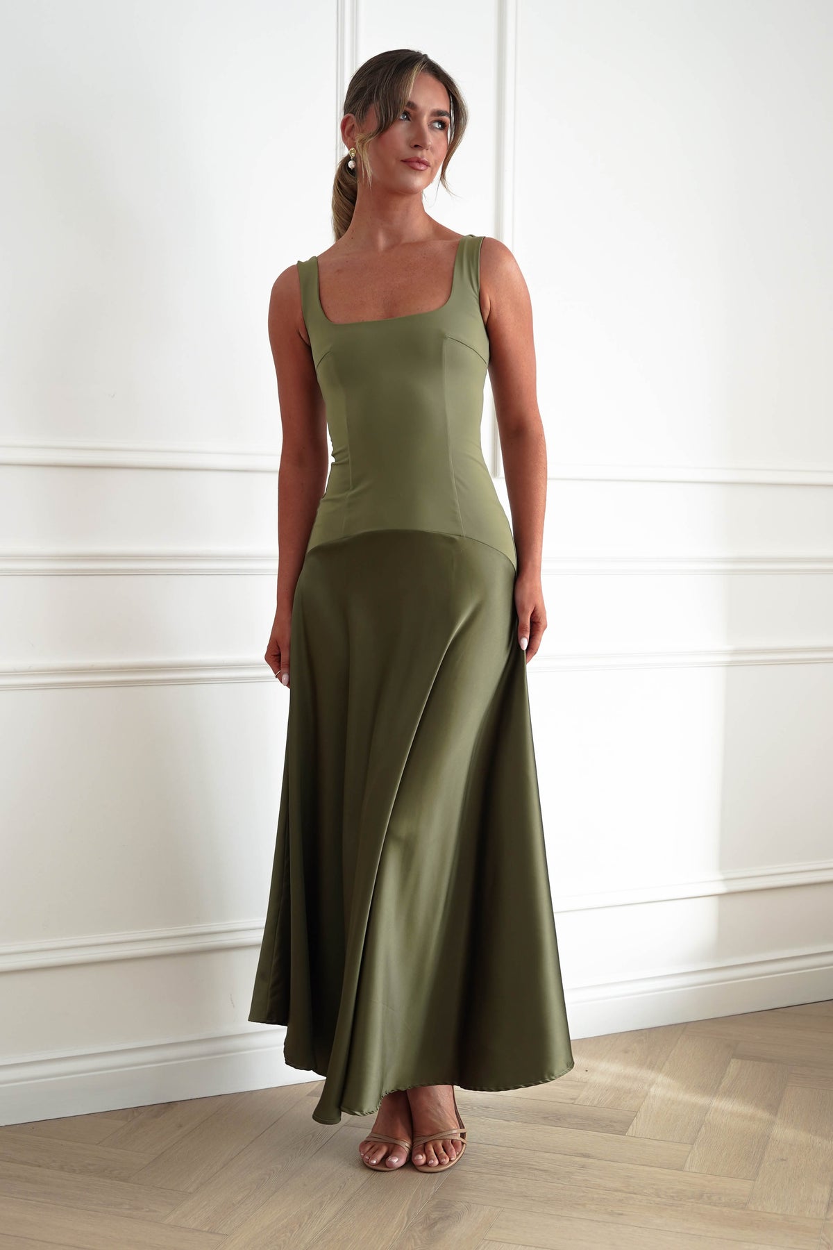 Elena Square Neck Soft Satin Maxi Dress | Olive-Oh Hello Clothing