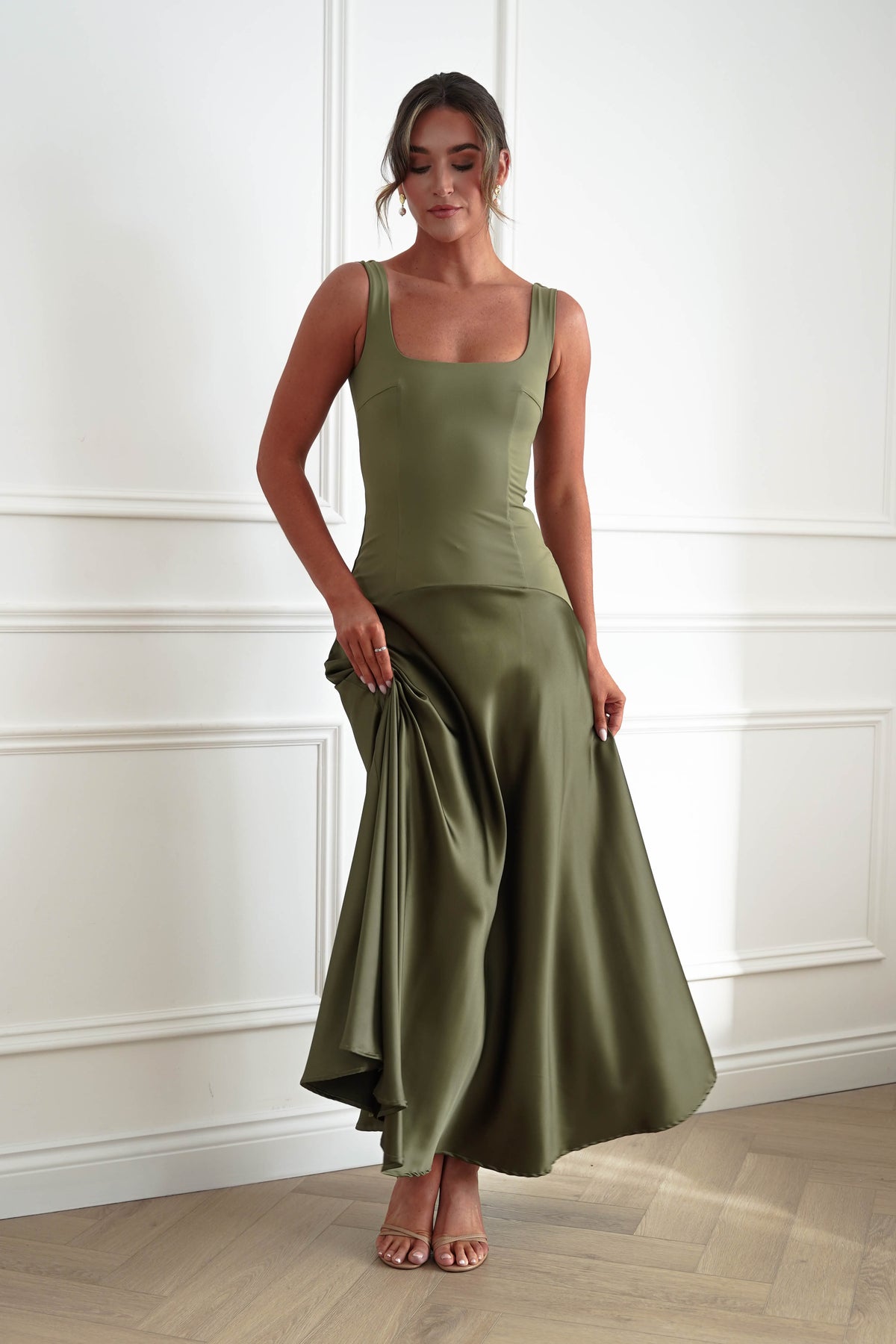 Elena Square Neck Soft Satin Maxi Dress | Olive-Oh Hello Clothing