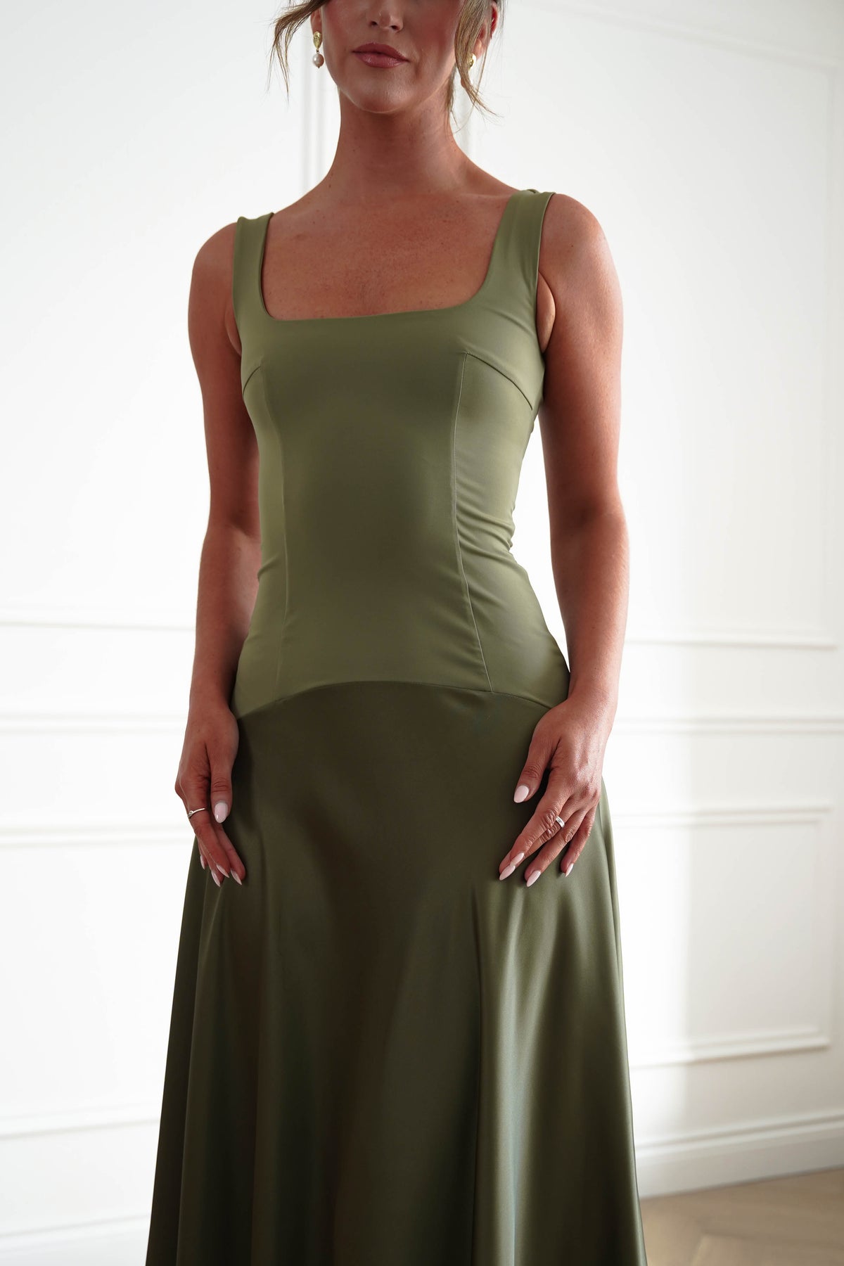 Elena Square Neck Soft Satin Maxi Dress | Olive-Oh Hello Clothing