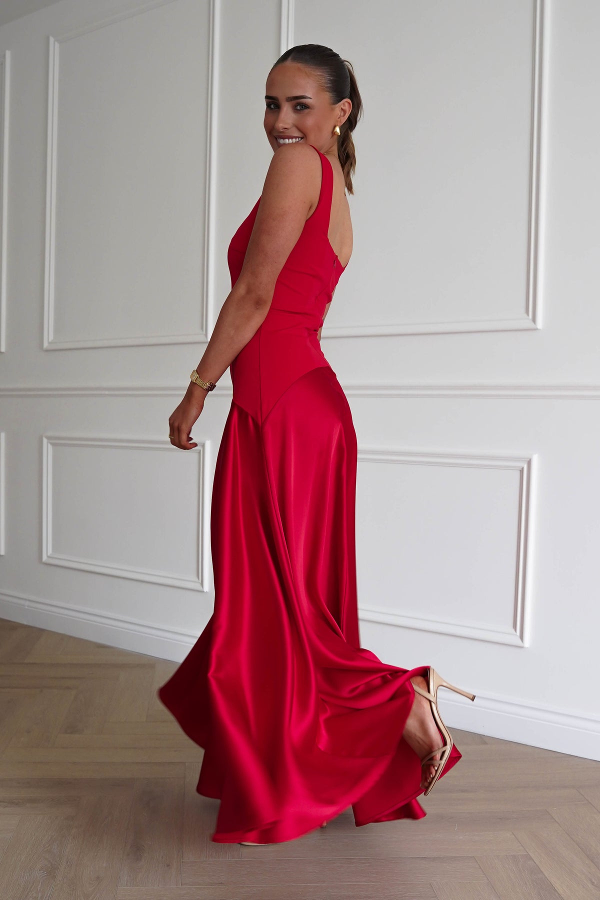 Elena Square Neck Soft Satin Maxi Dress | Red-Oh Hello Clothing